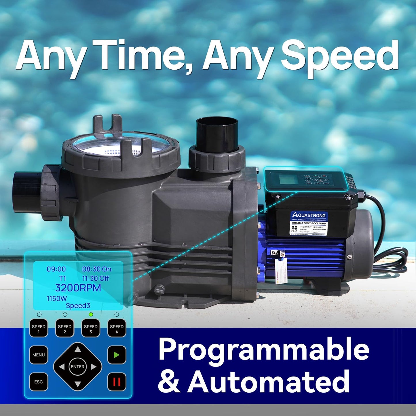Aquastrong Variable Speed Pool Pump, 3 HP, 220V, 11359GPH, In/Above Pool Pump, Energy Efficient, High Flow, Powerful Self Primming Swimming Pool Pumps with Filter Basket