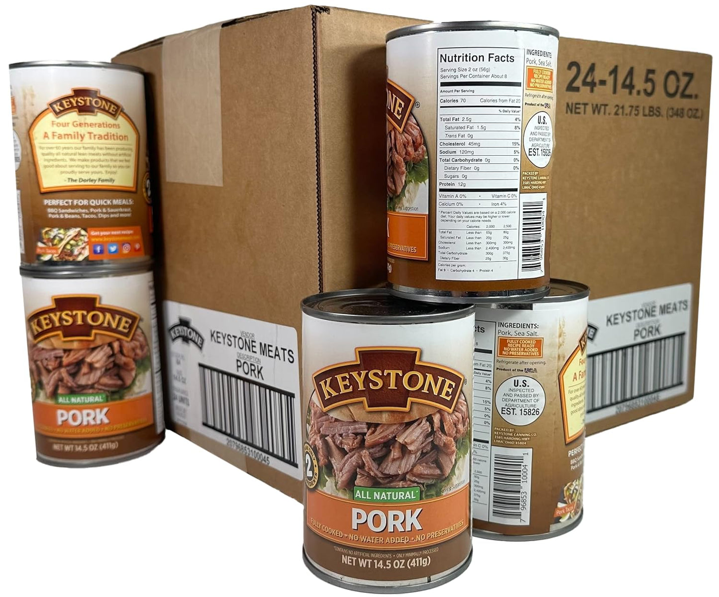 Keystone Meats All Natural Heat and Serve Canned Pork 14.5 Oz Fully Cooked Shelf Stable Canned Meat Emergency Survival Canned Food Ready to Eat No Preservatives Gluten Free Made in USA Pack of 24
