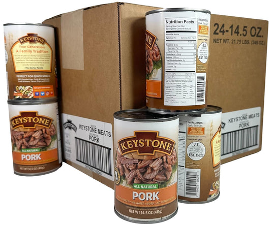Keystone Meats All Natural Heat and Serve Canned Pork 14.5 Oz Fully Cooked Shelf Stable Canned Meat Emergency Survival Canned Food Ready to Eat No Preservatives Gluten Free Made in USA Pack of 24