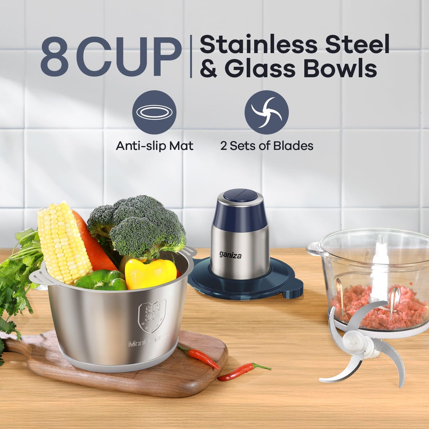 GANIZA Food Processors, Electric Food Chopper with Meat Grinder & Vegetable Chopper - 2 Bowls (8 Cup+8 Cup) with Powerful 450W Copper Motor - Includes 2 Sets of Bi-Level Blades for Fruits/Meat/Nuts