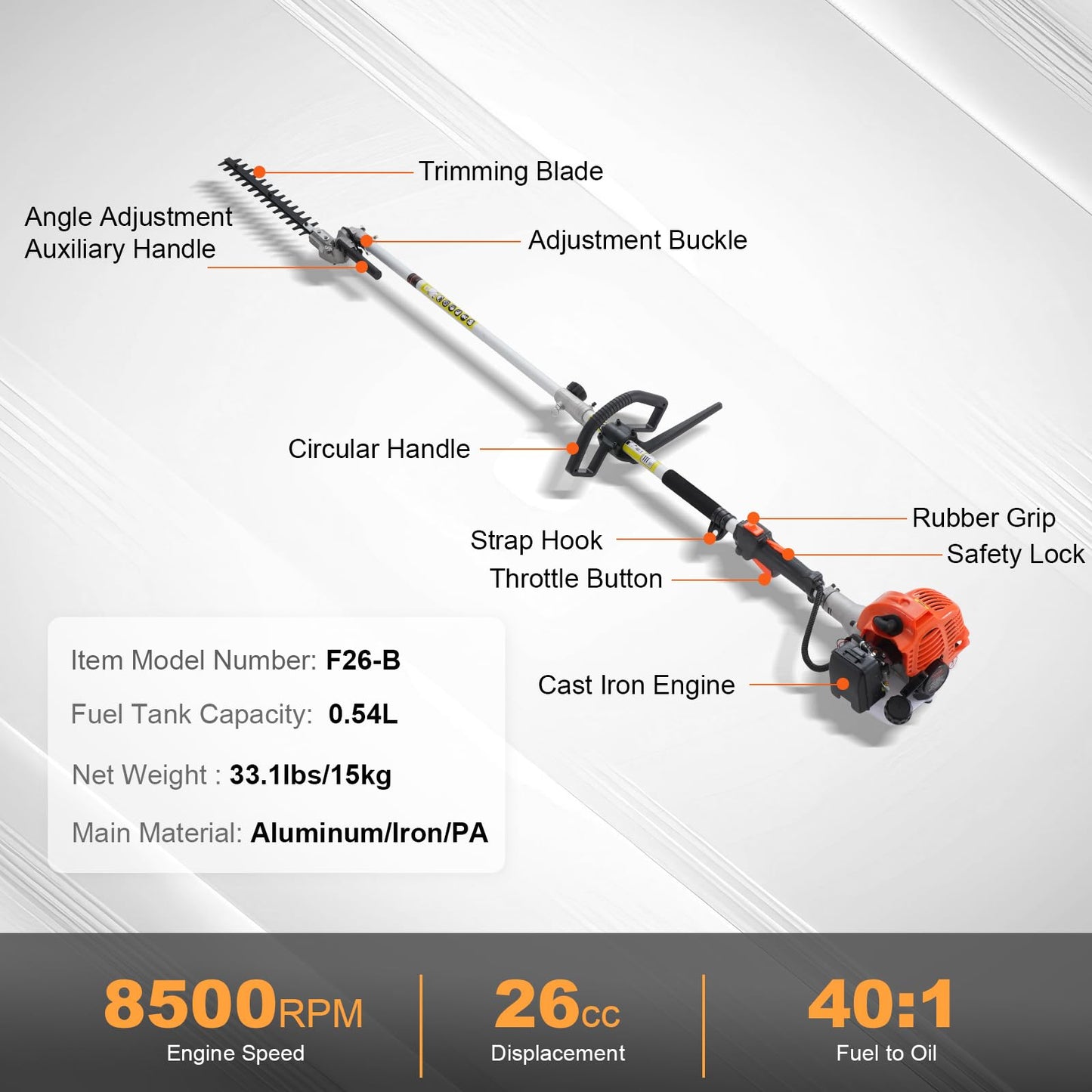 VEVOR 5-in-1 26cc 2 Cycle Gas Powered Dual Sided Hedge Trimmer, Weed Eater, String Trimmer, Edger, Pole Saw Chainsaw Pruner with EPA, CE and EMC Certification