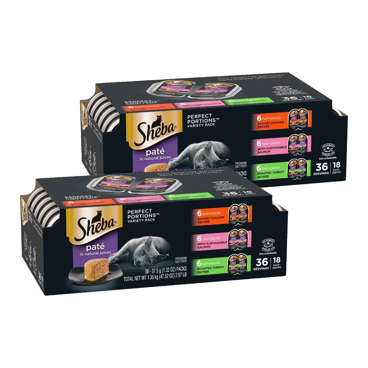 Sheba Perfect Portions Wet Cat Food Pate with Sustainable Salmon, Signature Seafood Entree, and Tender Whitefish and Tuna Entree Variety Pack, 2.6 oz. Twin Pack Trays (24 Count, 48 Servings)