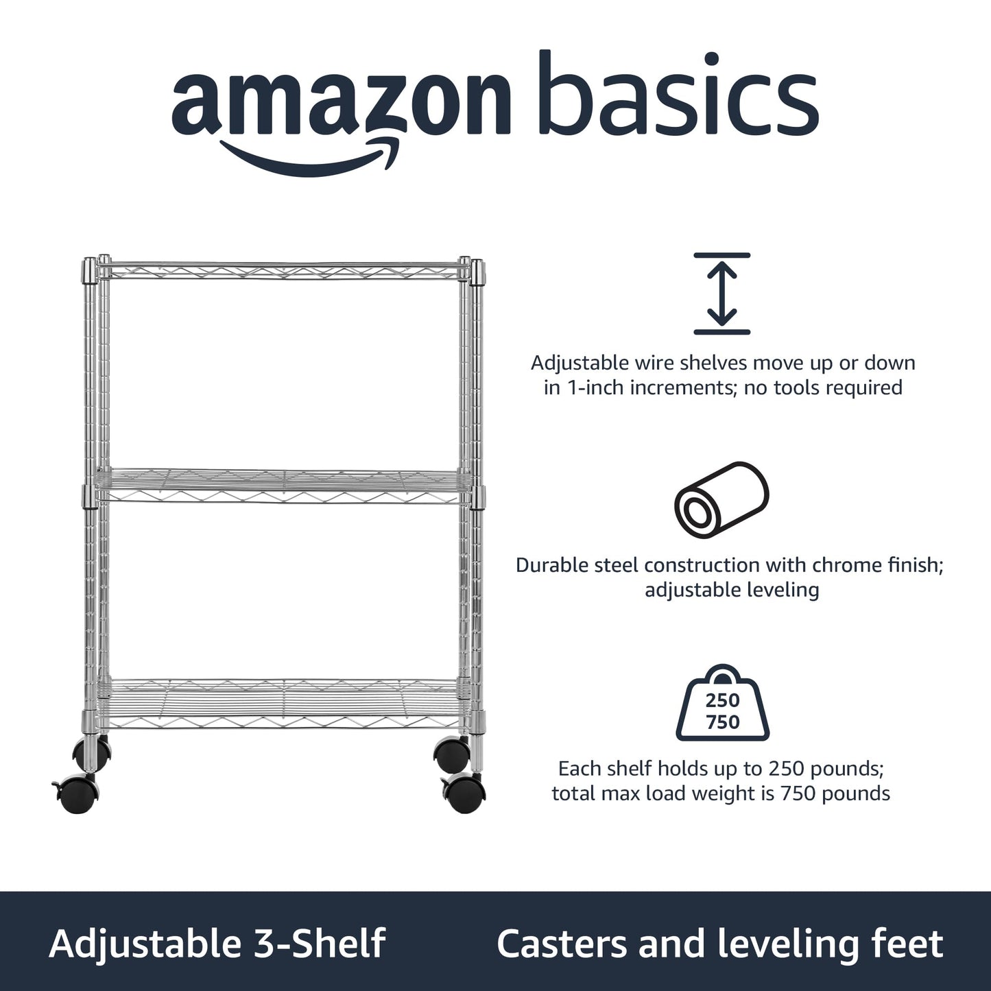 Amazon Basics 3-Shelf Adjustable, Heavy Duty Storage Shelving Unit on 2'' PP Plastic Wheel Casters, Metal Organizer Wire Rack, 23.2" L x 13.4" W x 32.75" H, Chrome