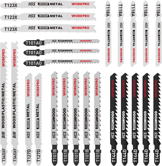 WORKPRO 25-Piece T-Shank Jig Saw Blade Set with Storage Case, Made with HCS/HSS/BIM, Assorted Blades for Wood, Plastic and Metal Cutting