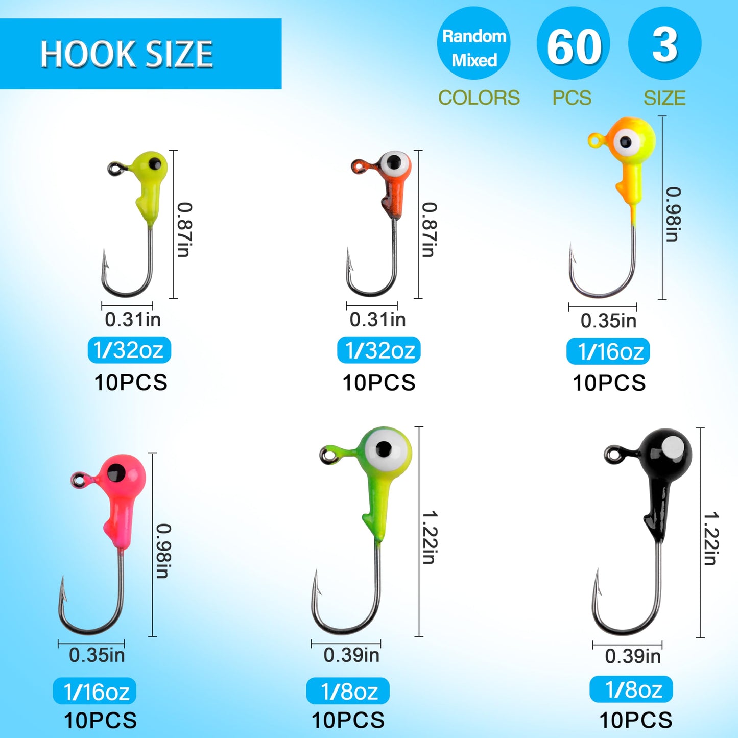 AGOOL Fishing Jig Heads Hooks Kit, 35/60pcs Fishing Lures Jig Heads with Ball Head Crappie Jig Heads Fishing Jig Hooks for Bass Trout Soft Worm Shrimp Lures Freshwater Saltwater