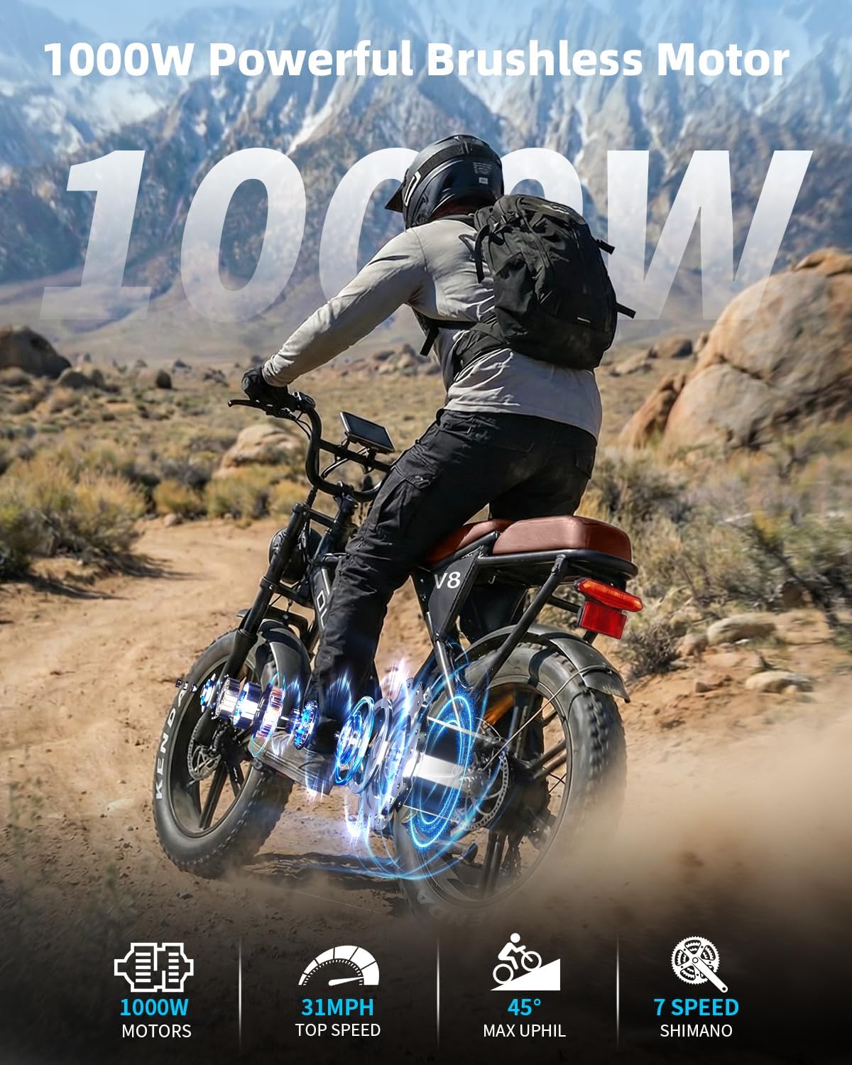 OUXI V8 Series Electric Bike for Adults, Ebike Peak 500W/1000W, 20/31 MPH, 10.4/15/30 AH Removable Battery, 16''/20" Fat Tire Electric Bike, 7-Speed Gear Electric Bicycles, Dual Disc Brakes