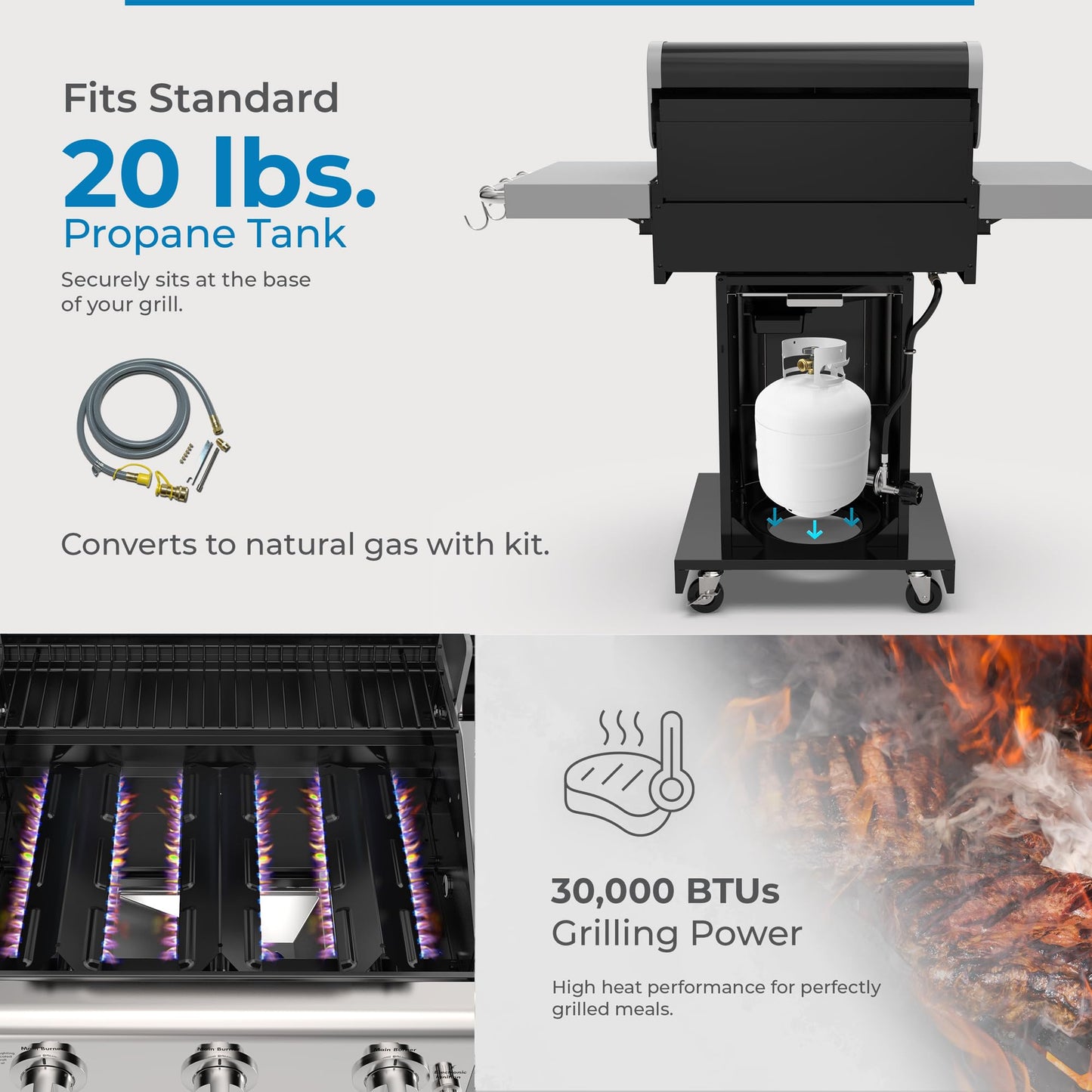 Kenmore 3-Burner Propane BBQ Grill, 30,000 BTUs Gas Grill with Cast Iron Cooking Grates, Folding Side Tables & Wheels, Outdoor Grill with Tool Hooks, Azure Blue