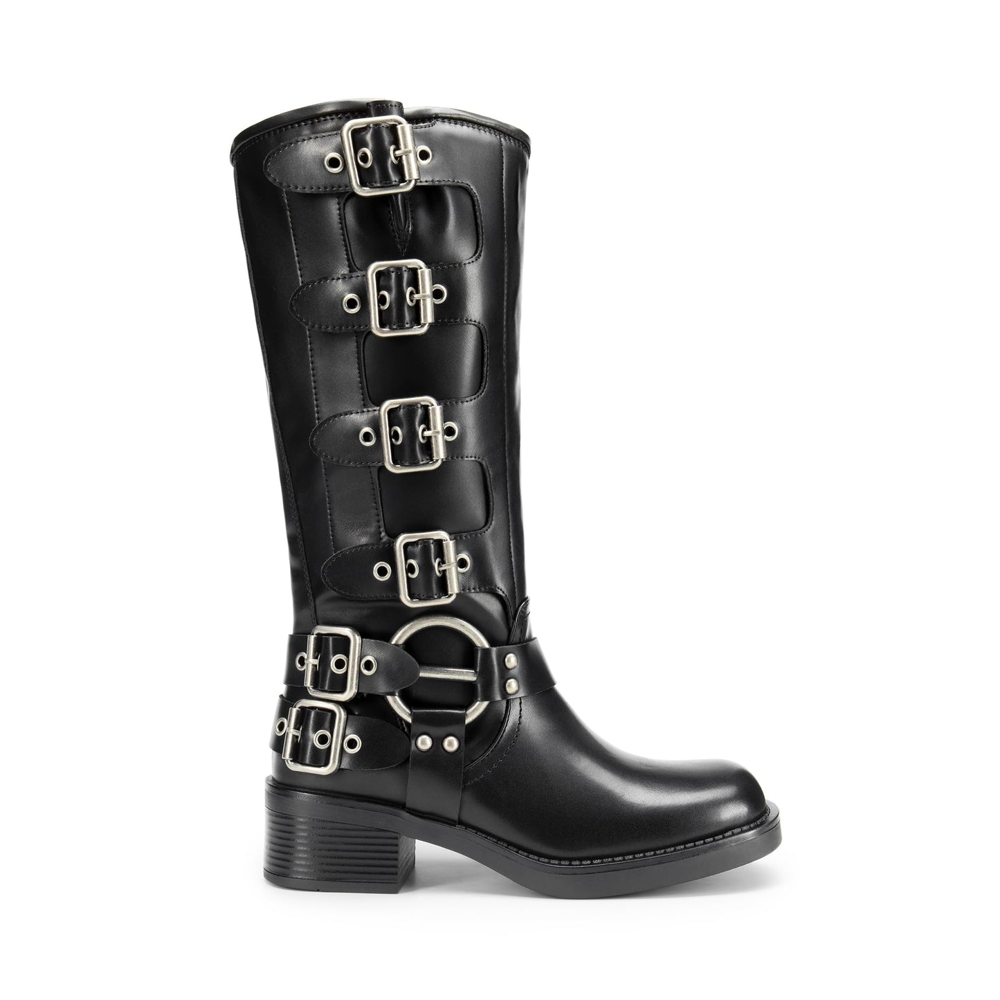 DREAM PAIRS Women's Knee High Riding Boots Slip On Motorcycle Boots Square Toe Chunky Heel Fashion Buckles Biker Boots