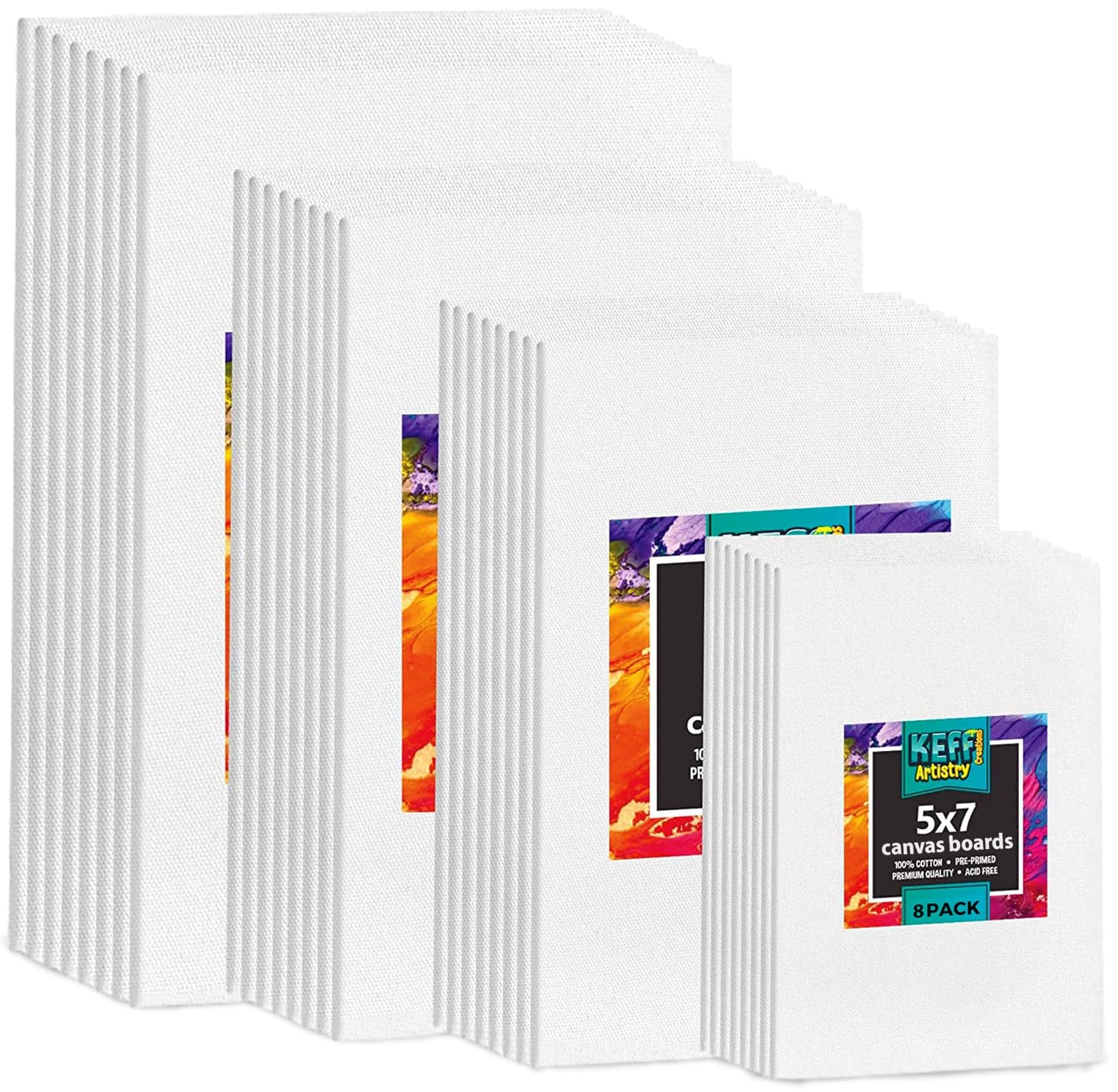KEFF 24-Pack Bulk Canvas for Painting, 6 of 5x7, 8x10, 9x12, 11x14 Canvas Boards for Painting, Art Supplies for Adults & Kids - 100% Cotton Primed Painting Canvas for Acrylic, Oil, Watercolor, Tempera