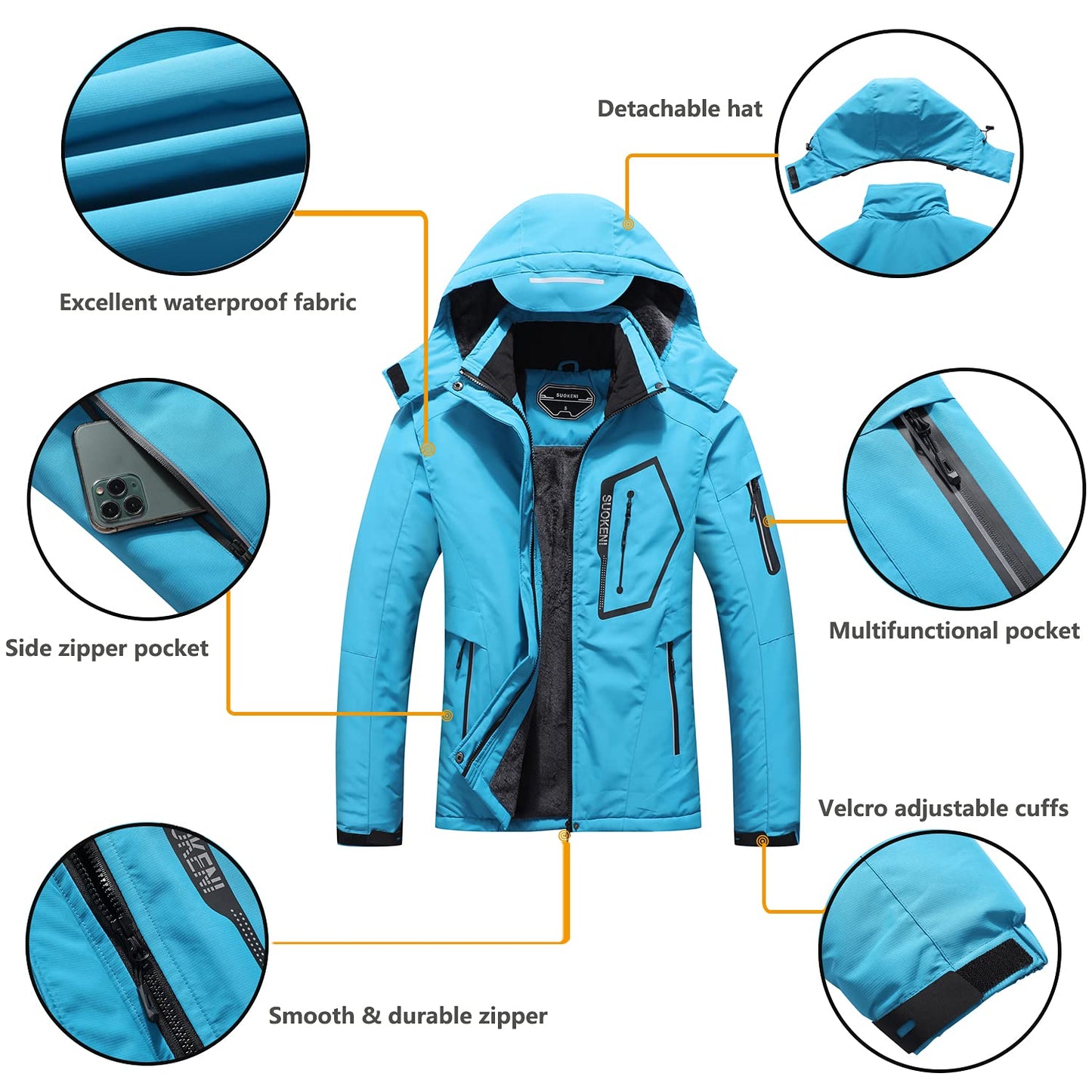 SUOKENI Women's Waterproof Warm Winter Snow Coat Hooded Raincoat Ski Snowboarding Jacket