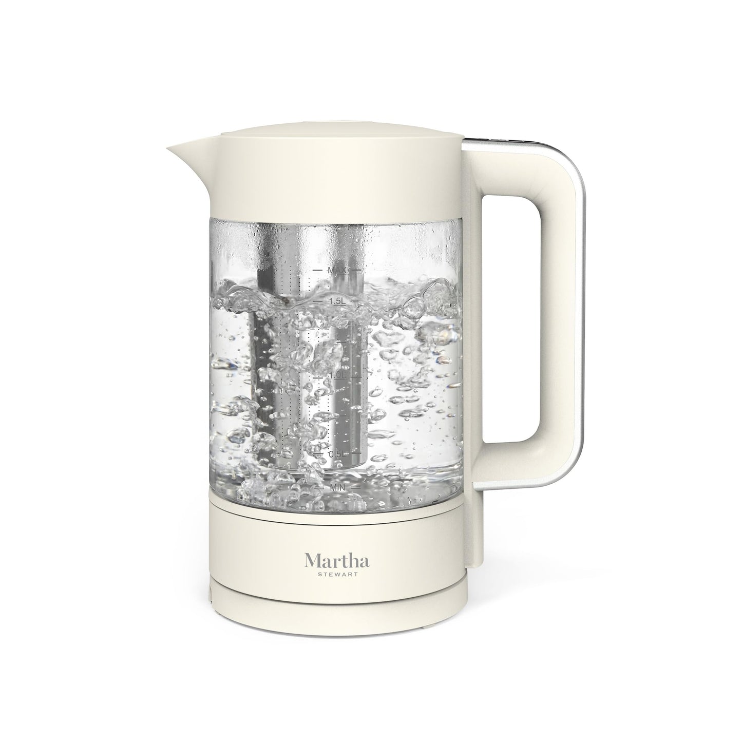 Martha Stewart Electric Kettle with Removable Stainless Steel Tea Infuser,  Glass Carafe 1.7L (7 Cups), Hot Water Boiler, 4 Presets, Keep Warm & Auto Shut-Off, Cordless 360° Swivel Base, Sky Blue
