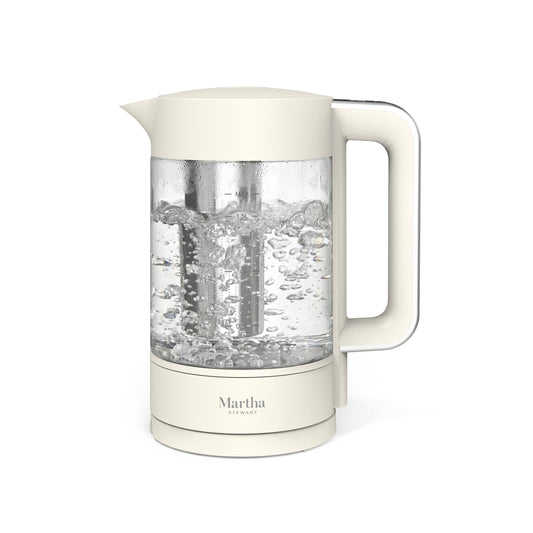 Martha Stewart Electric Kettle with Removable Stainless Steel Tea Infuser,  Glass Carafe 1.7L (7 Cups), Hot Water Boiler, 4 Presets, Keep Warm & Auto Shut-Off, Cordless 360° Swivel Base, Sky Blue