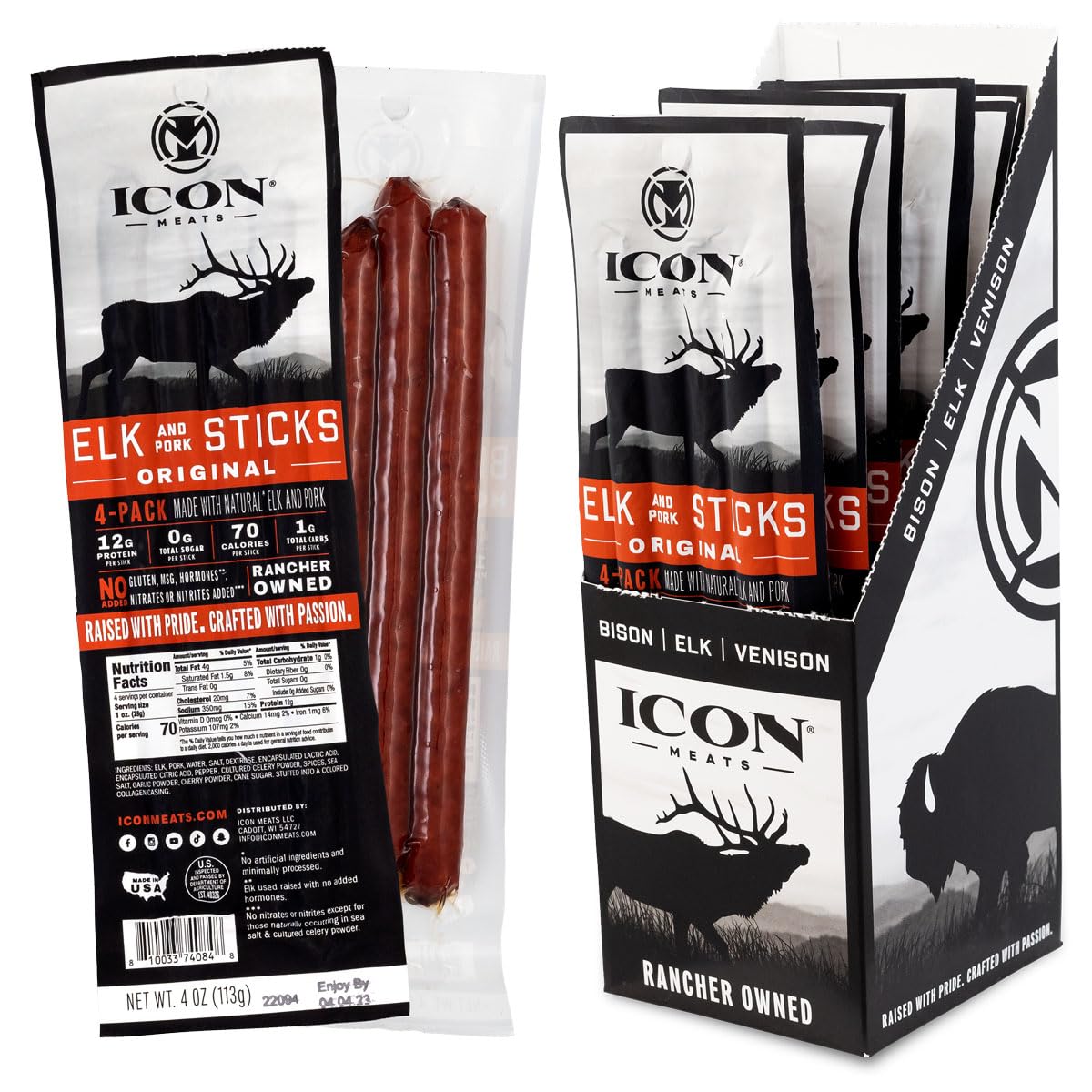ICON Meats Snack Sticks Sampler - Assorted Flavors of Bison, Elk, Venison and Pork Jerky Sticks - 24 Pack of Individually Wrapped Meat Sticks, 6 Per Flavor – USDA Approved, All Natural Artisan Meats