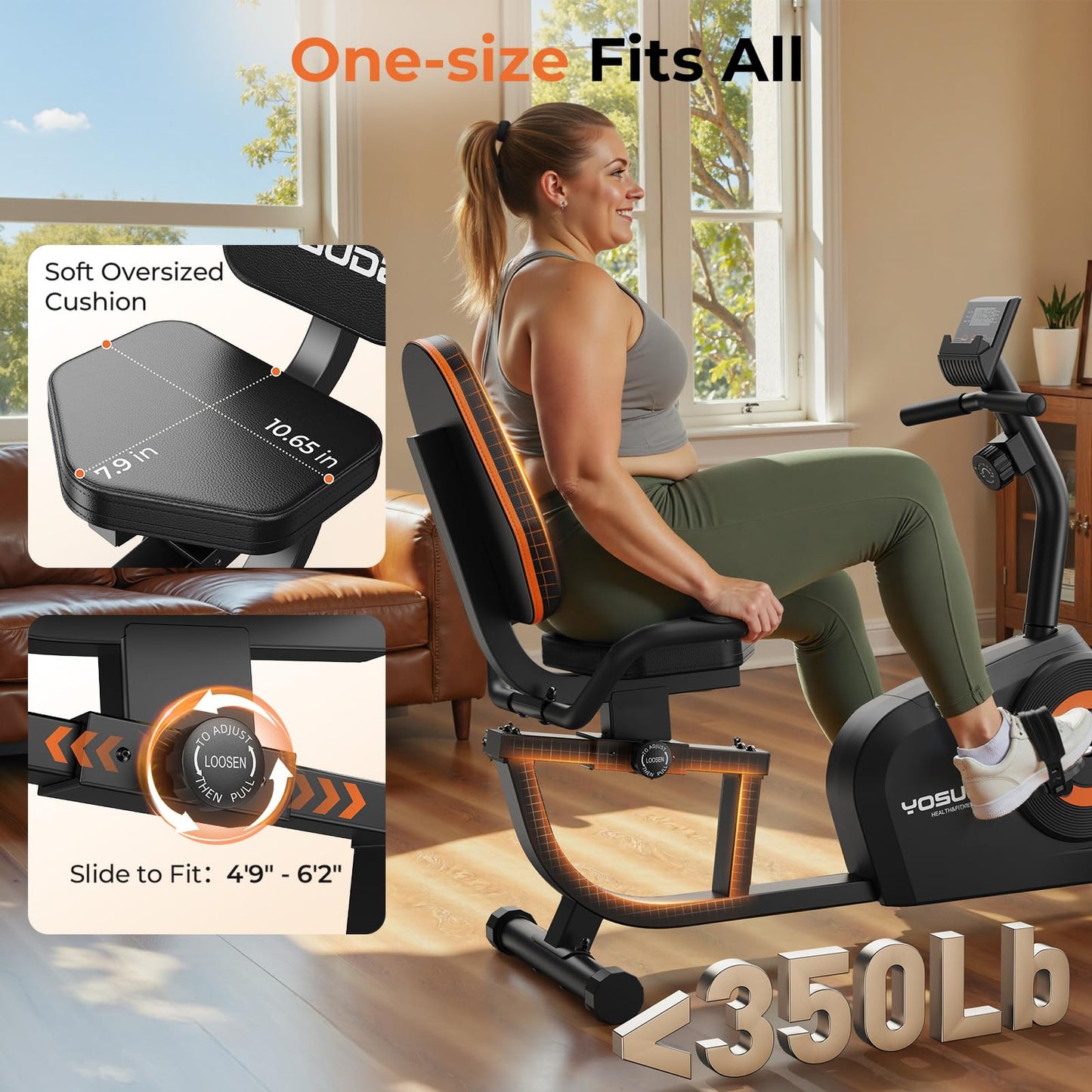 YOSUDA Recumbent Exercise Bike for Adults Seniors with Quick Adjust Seat, 350LB Capacity & 16-level Resistance, Black