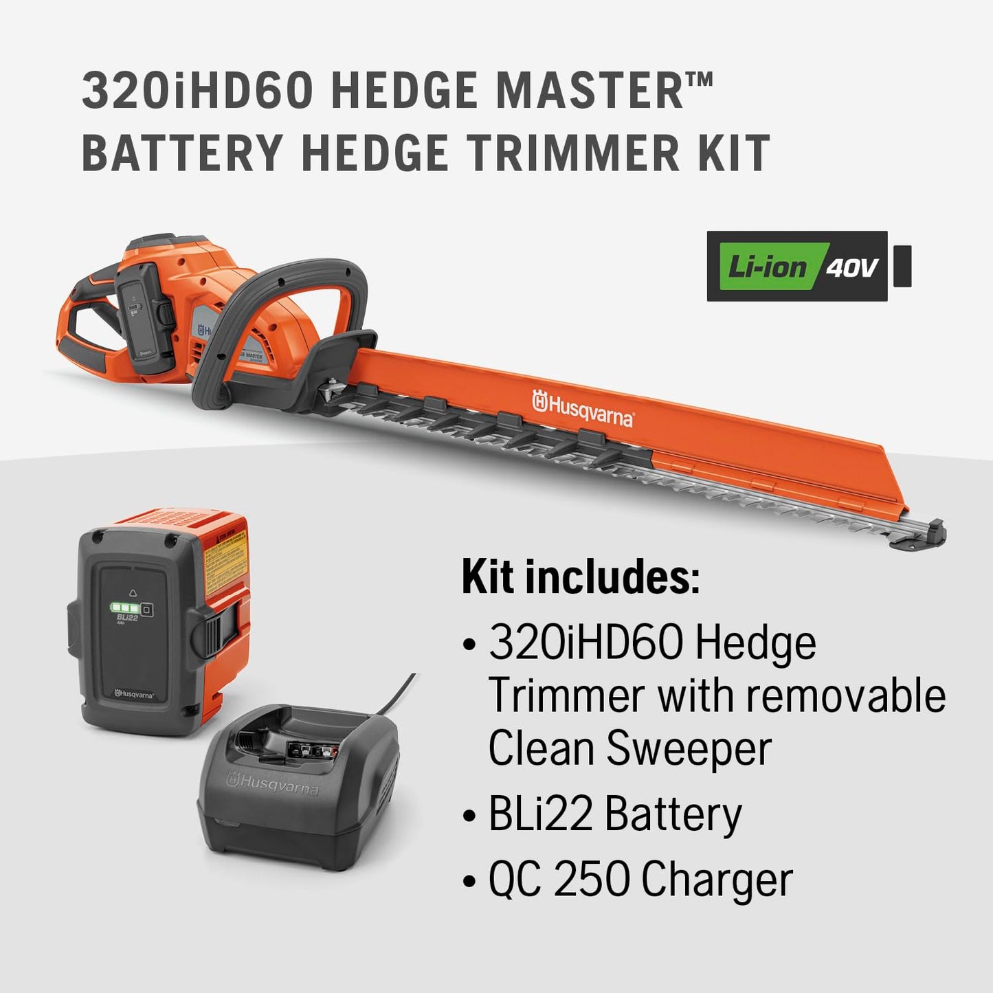 Husqvarna Hedge Master 320iHD60 Battery Hedge Trimmer, 24-Inch Electric Trimmer with Brushless Motor for Efficiency and Durability, 40V Lithium-Ion 4Ah Battery and Charger Included, 970592602
