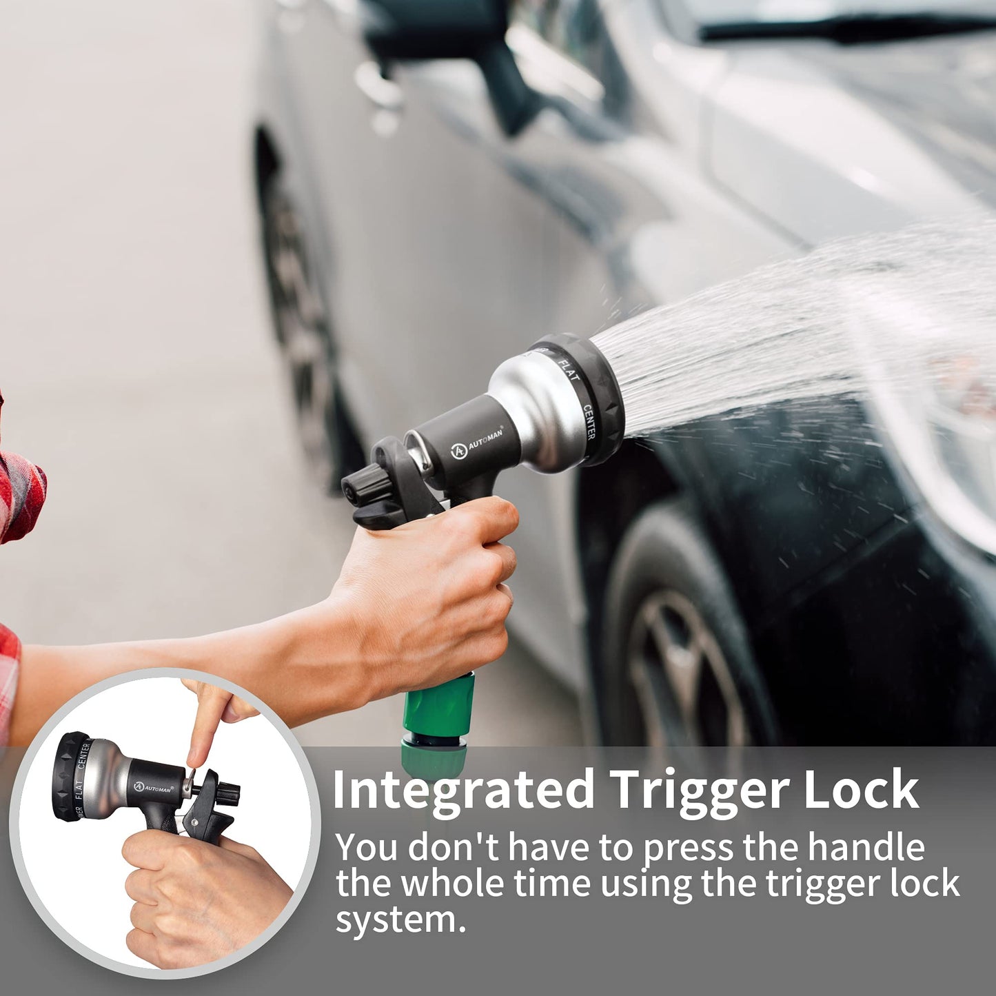 AUTOMAN-Garden-Hose-Nozzle, ABS Water Spray Nozzle with 7 Adjustable Watering Patterns, Slip Resistant for Watering Plants, Lawn& Garden, Washing Cars, Cleaning, Showering Pets & Outdoor Fun.