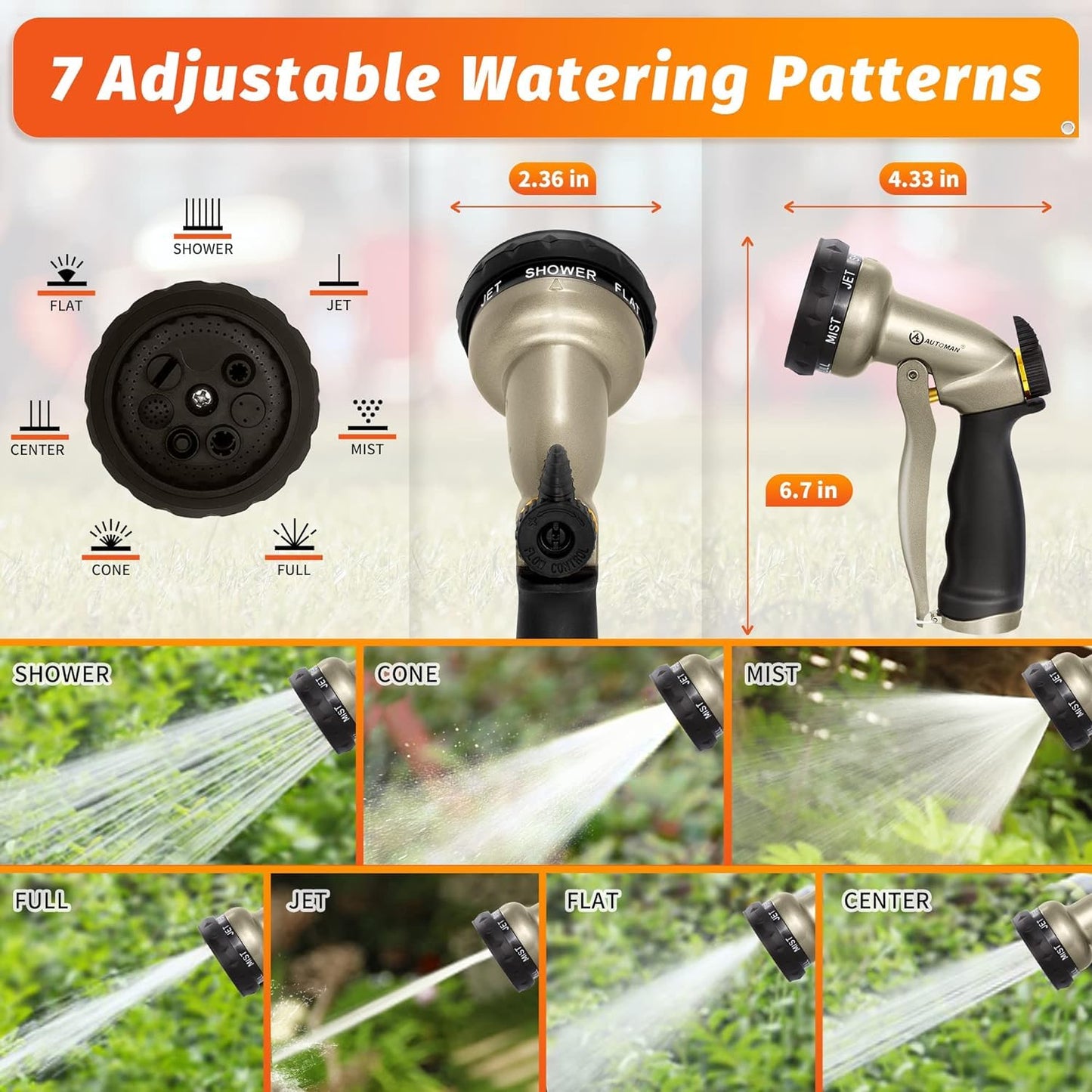 AUTOMAN-Garden-Hose-Nozzle, ABS Water Spray Nozzle with 7 Adjustable Watering Patterns, Slip Resistant for Watering Plants, Lawn& Garden, Washing Cars, Cleaning, Showering Pets & Outdoor Fun.