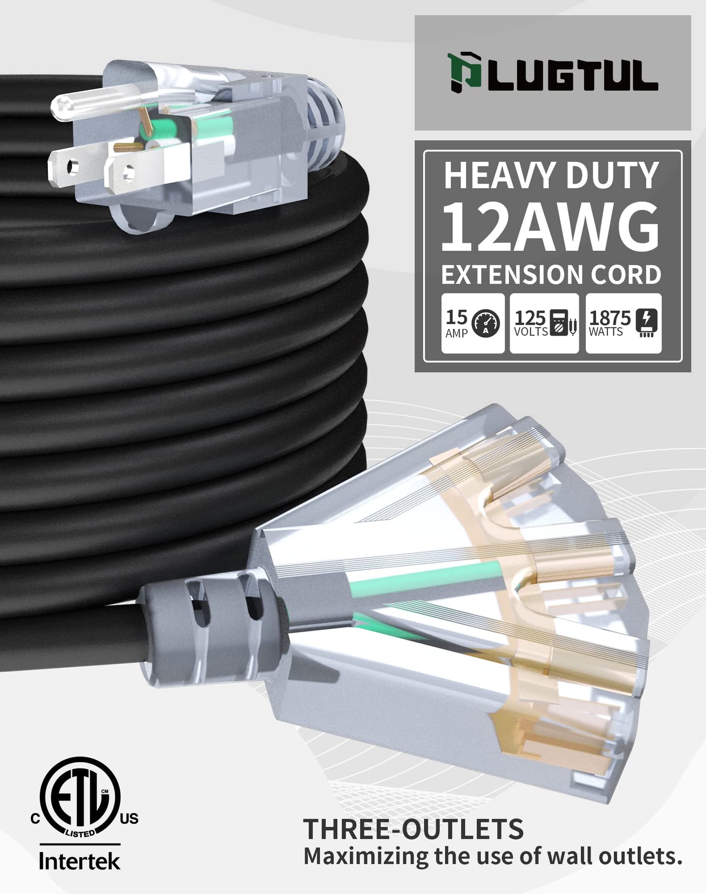 25Ft 12/3 Outdoor Extension Cord with 3-Outlets, Heavy Duty 12 Gauge 3 Prong Extension Cord Waterproof with Lighted end, 15A 12AWG 1875W SJTW, ETL Listed - Great for Garage, Garden and Home, Yellow
