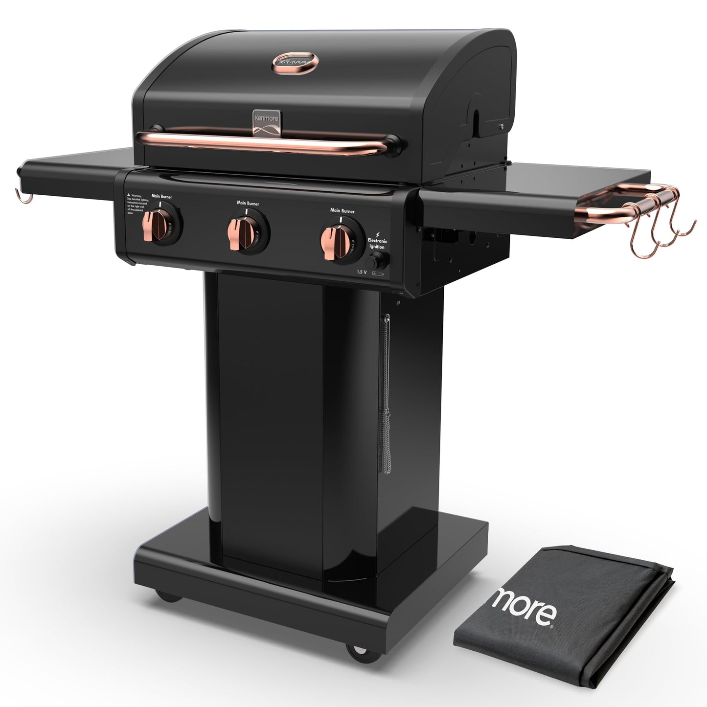 Kenmore 3-Burner Propane BBQ Grill, 30,000 BTUs Gas Grill with Cast Iron Cooking Grates, Folding Side Tables & Wheels, Outdoor Grill with Tool Hooks, Azure Blue
