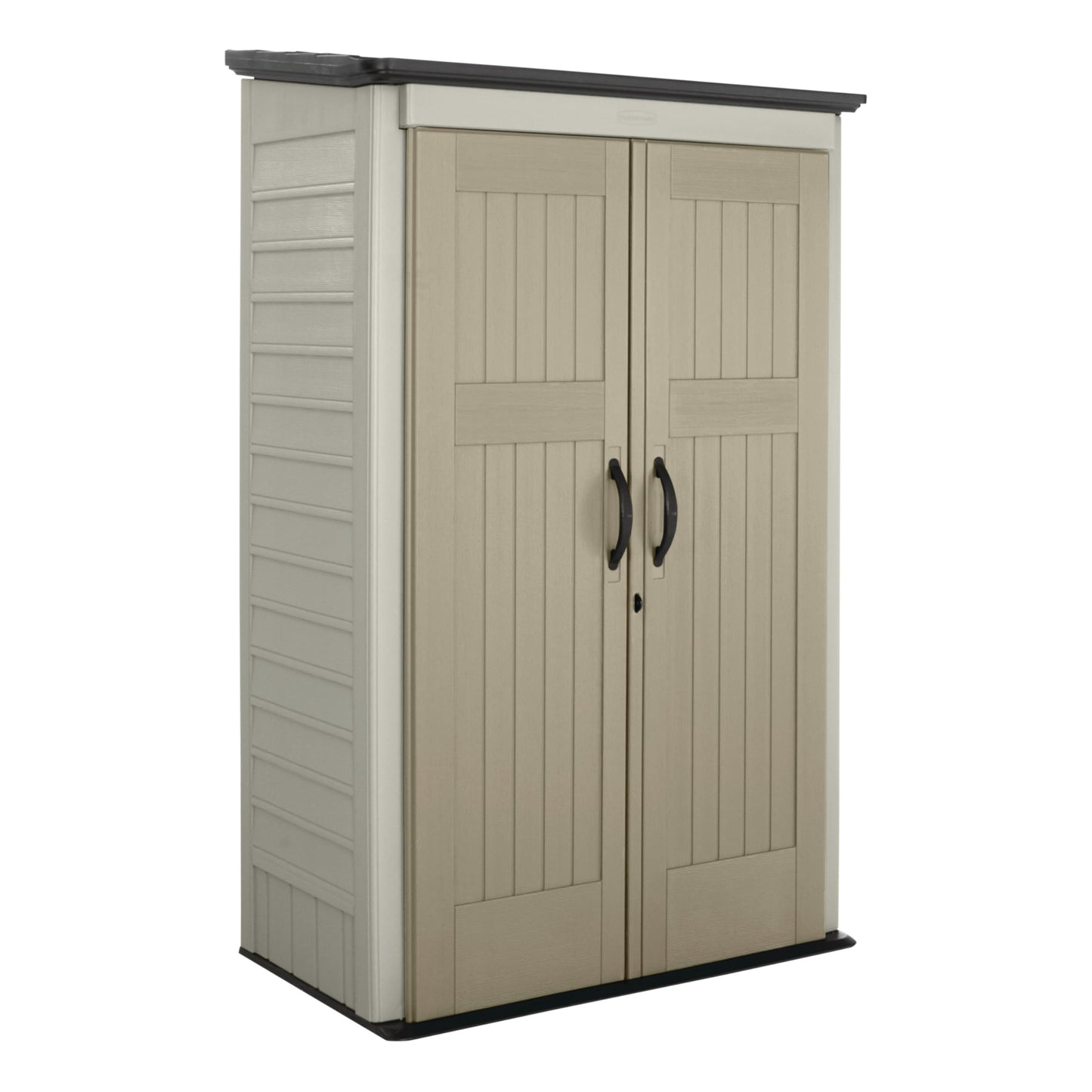 Rubbermaid Vertical Resin Outdoor Storage Shed With Floor (4 x 2.5 Ft) Weather Resistant Brown Organization for Home/Backyard/Garden Tools/Porch/Patio Cushions/Pool Chemicals/Toys