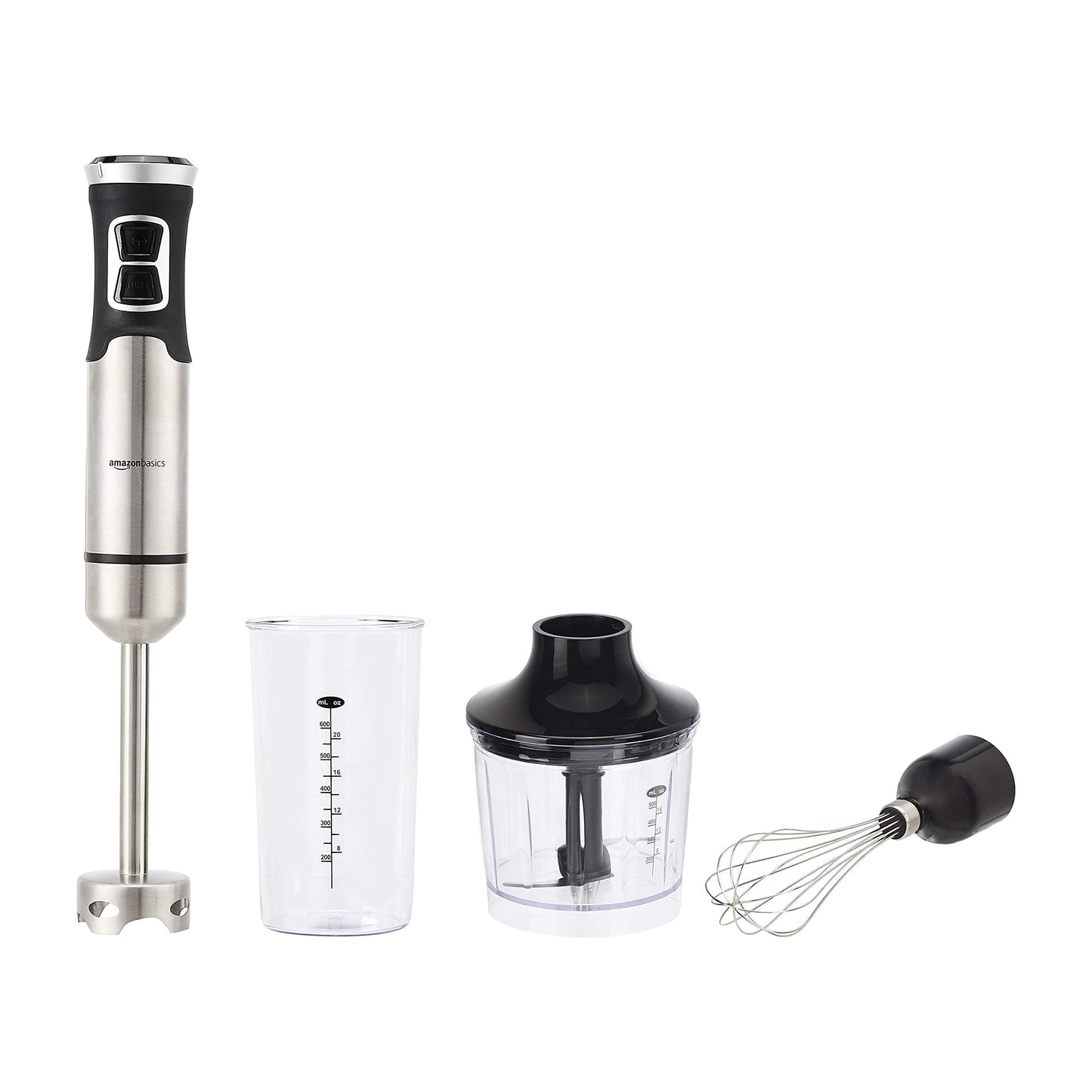 Amazon Basics Multi-Speed Immersion Hand Blender for Kitchen Mixing, Smoothies, Soups, 500 Watt Powerful, with Blending Stick, Whisk, Chopper and Beaker, Silver