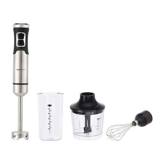 Amazon Basics Multi-Speed Immersion Hand Blender for Kitchen Mixing, Smoothies, Soups, 500 Watt Powerful, with Blending Stick, Whisk, Chopper and Beaker, Silver