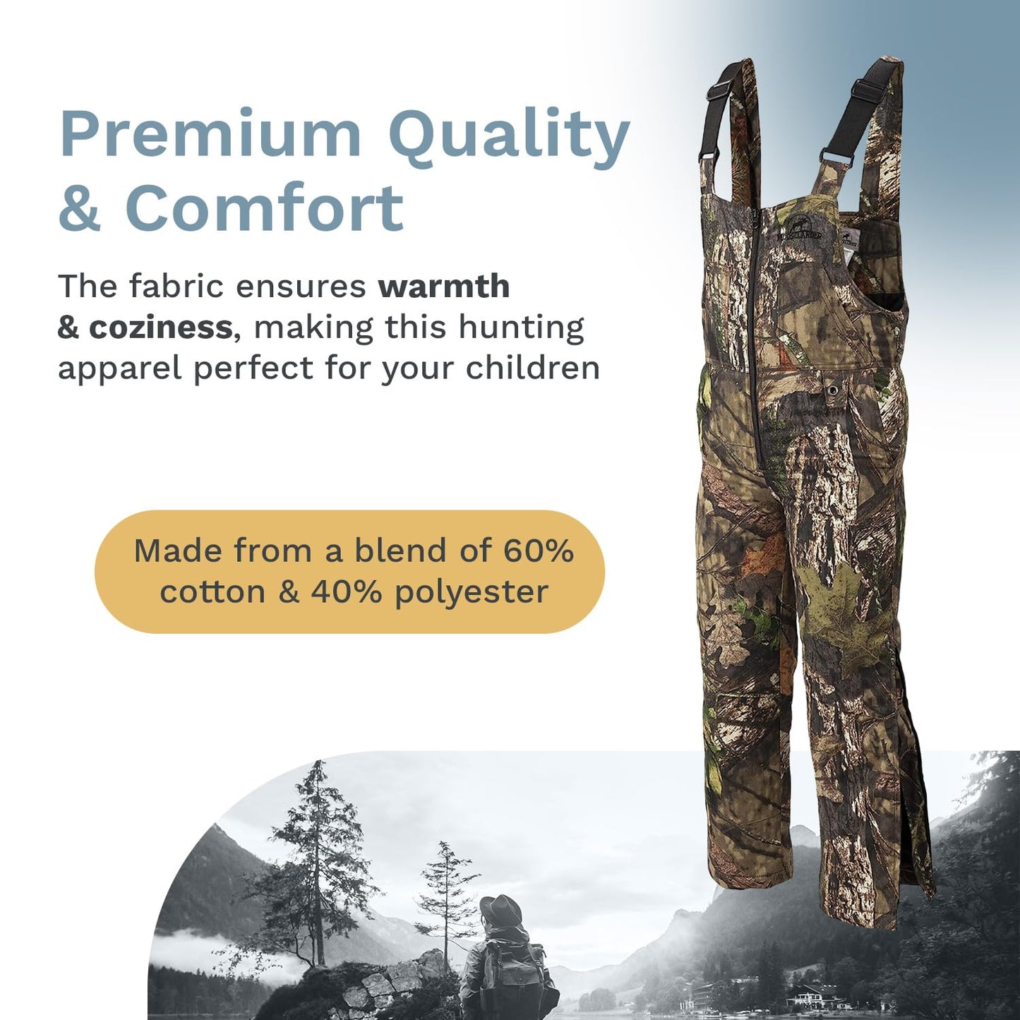 Youth Insulated Bib Overall In MO Country For Hunting, Kids and Teens, Hunting Clothes, Camo, Cold Weather Gear