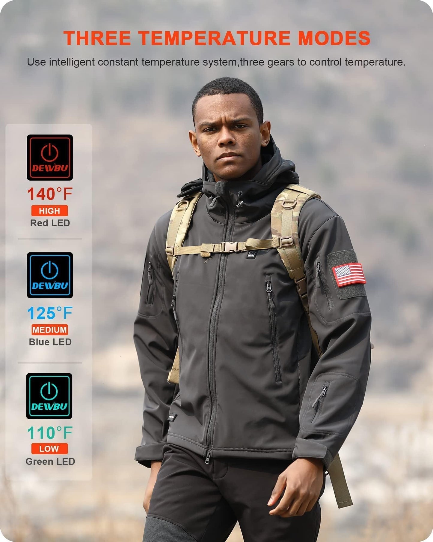 DEWBU Heated Jacket for Men with 12V Battery Pack Winter Outdoor Soft Shell Electric Heating Coat