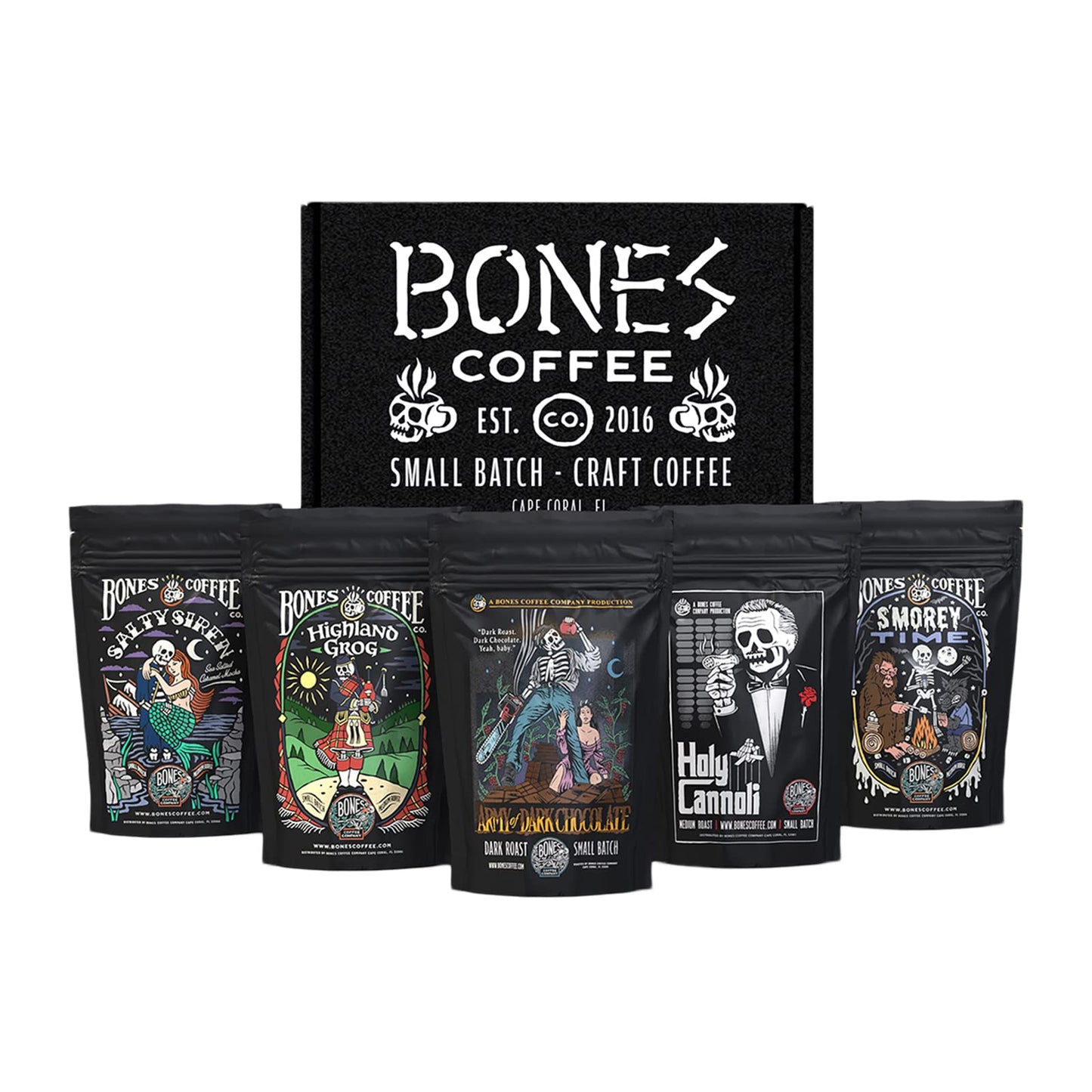Bones Coffee Company World Tour Coffee Gift Set, 5 Packs Flavored Coffee, Medium Roast Low Acid, 4 Oz Ground