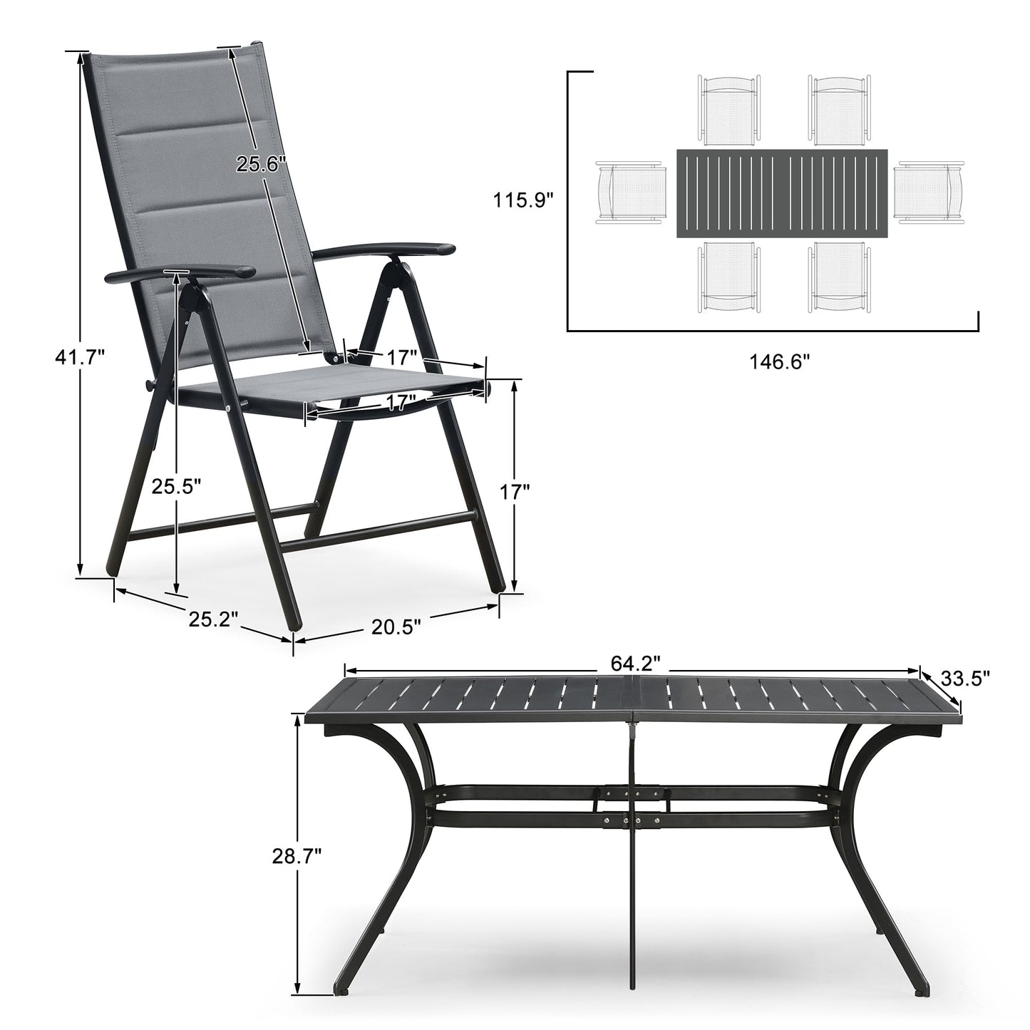 PURPLE LEAF 9 Pieces Outdoor Patio Dining Set with 8 Folding Portable Chairs and 1 Rectangle Aluminum Table, Foldable Adjustable High Back Reclining Chairs with Soft Cotton-Padded Seat, Grey