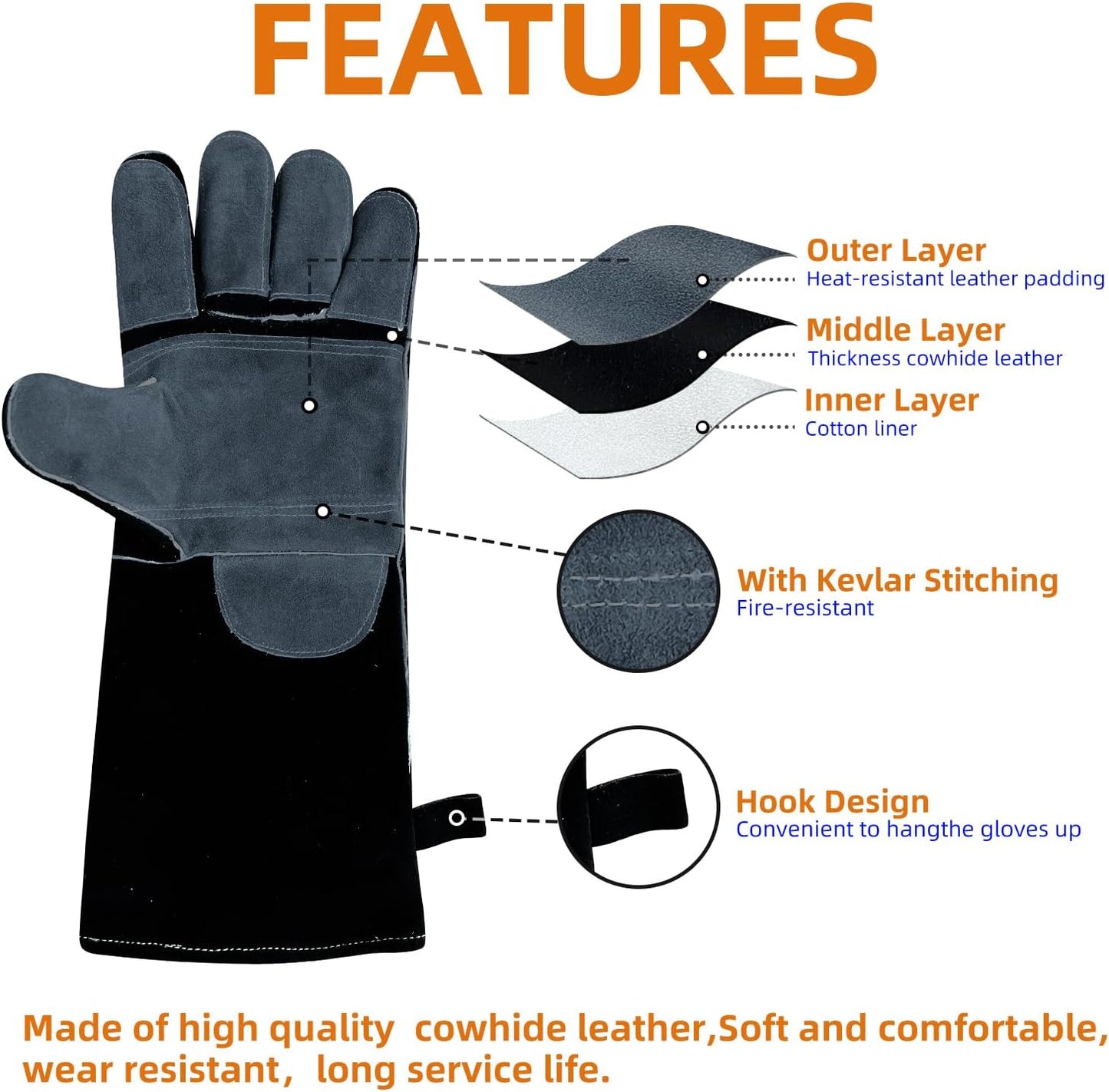 16" Leather Welding Gloves, Fire and Heat Resistant Long Sleeve Welding Gloves, For Mig, Gas, BBQ, Oven, Grill, Fireplace, Baking Mitts, Fireplace, Animal Training, Animal Handling