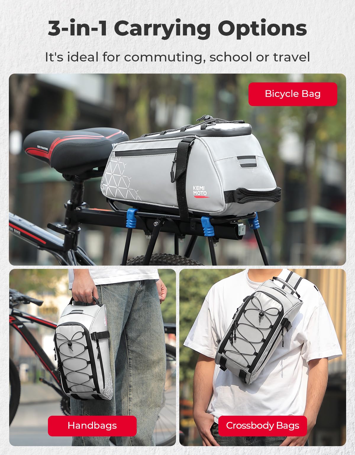 KEMIMOTO Rear Bike Rack Bag - 8L PVC Water Resistant Ebike Bags for Bicycle Rear Rack, Bicycle Trunk Pannier for Commuter Travel Shopping and Cycling (Black)