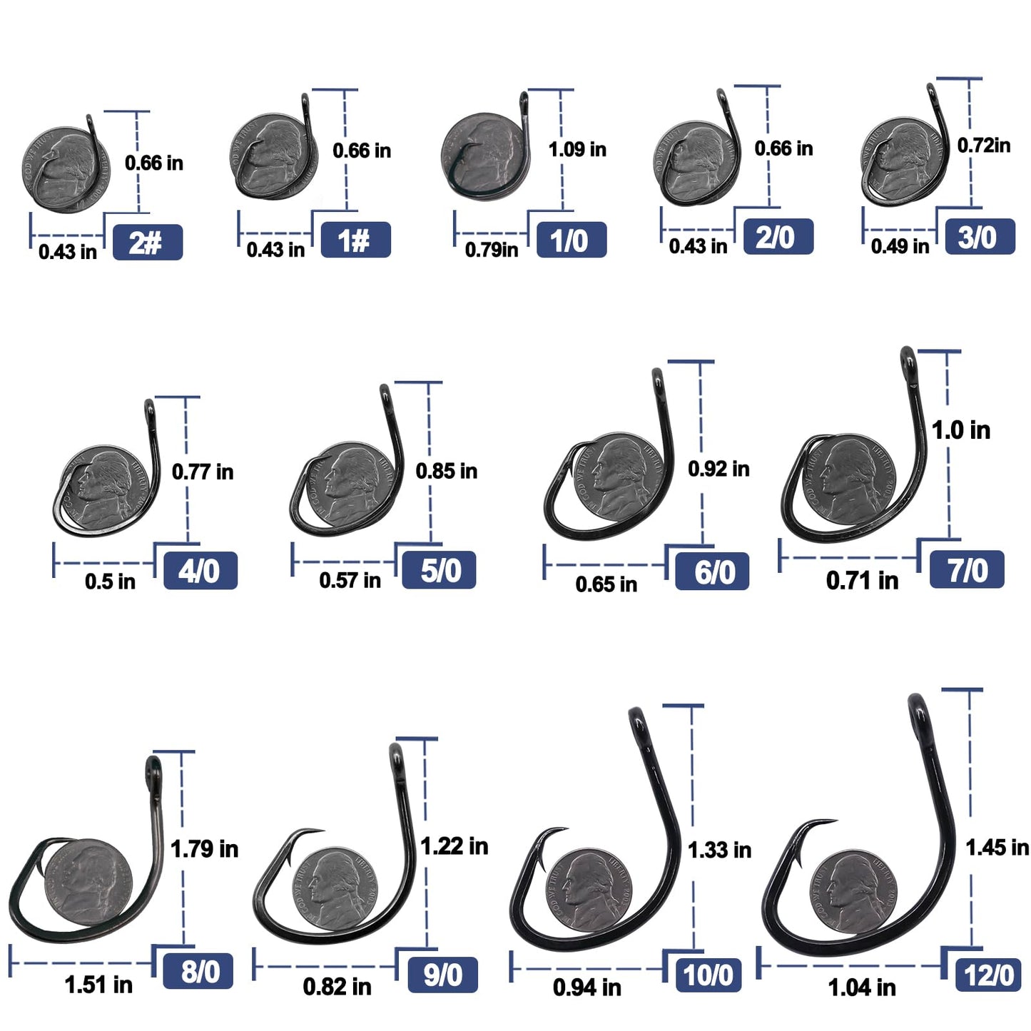 Circle Hooks Saltwater for Catfish - 25pcs Offset 3X Strong Fishing Hook Wide Gap for Live Bait,Size 2 1 1/0 2/0 3/0 4/0 5/0 6/0 7/0 8/0 9/0 10/0 12/0