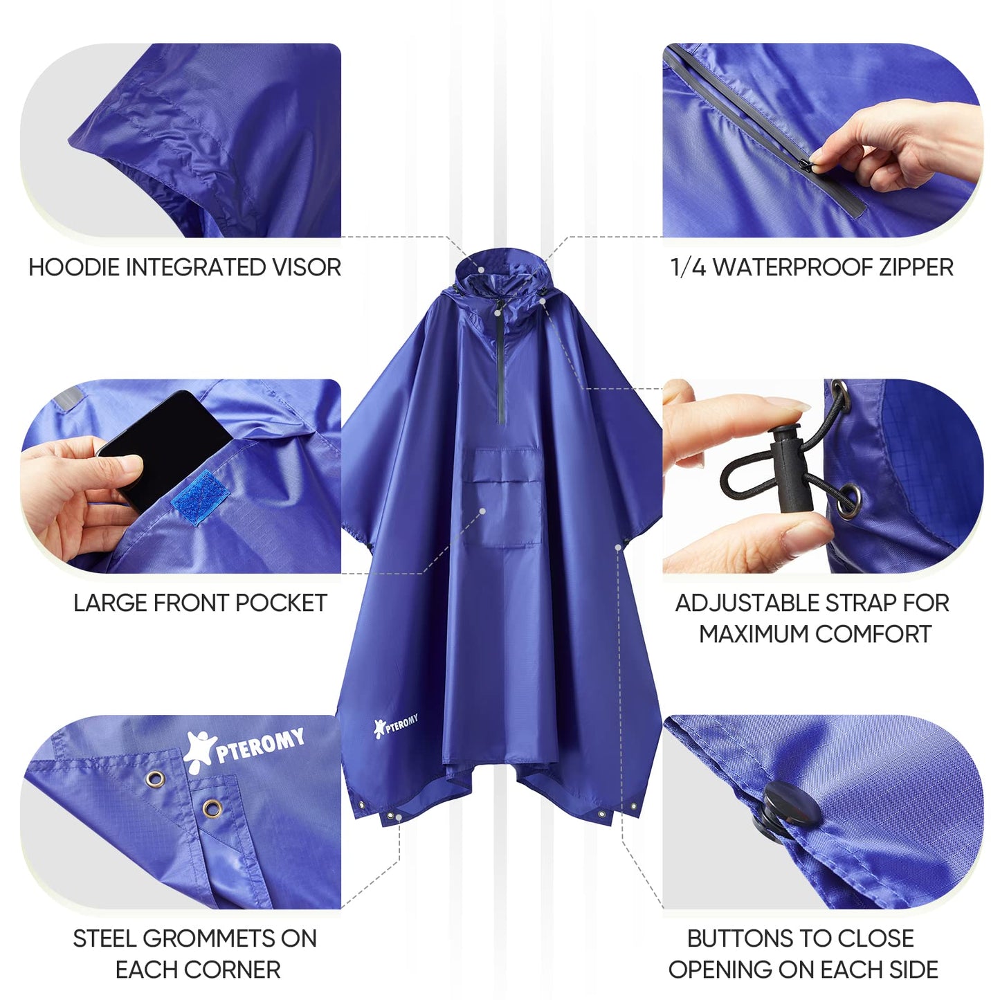 PTEROMY Hooded Rain Poncho for Adult with Pocket, Waterproof Lightweight Unisex Raincoat for Hiking Camping Emergency
