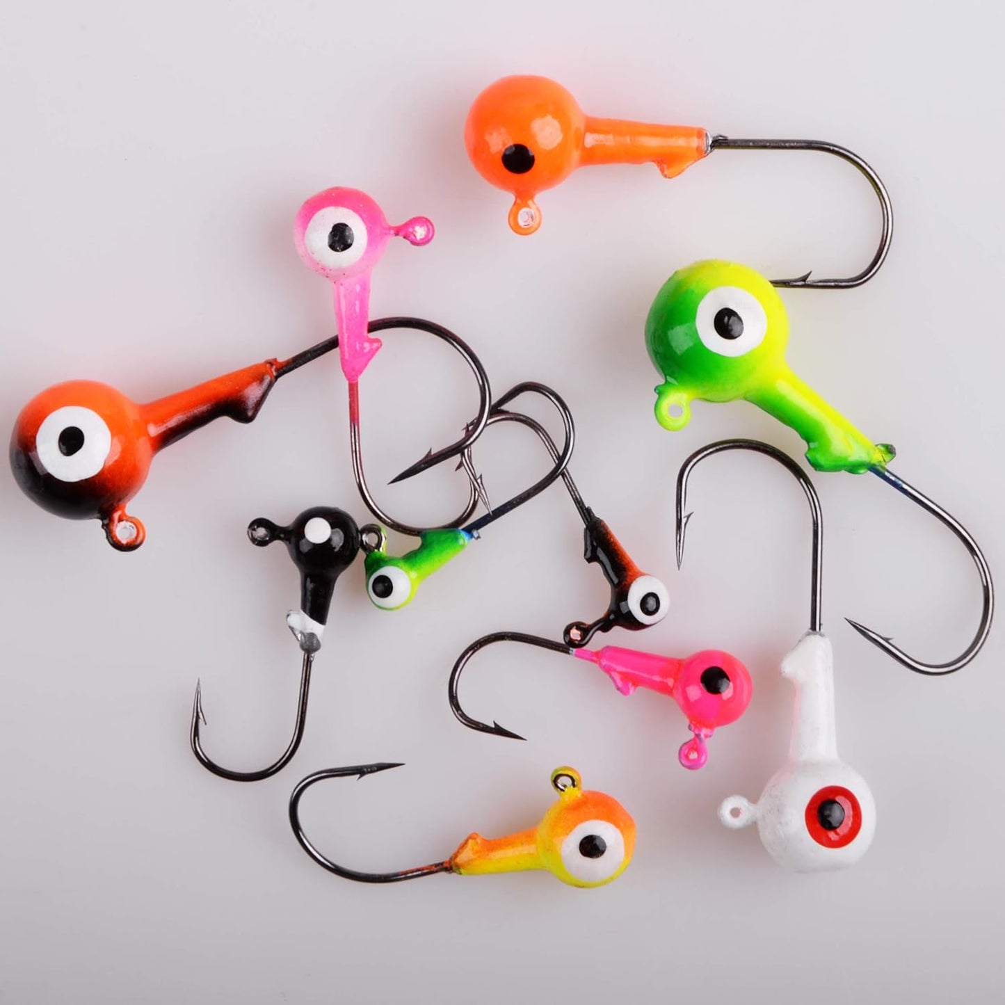 OROOTL Fishing Jig Heads Hooks Set, 60pcs Assorted Round Jig Head with 3D Eyes Painted Jig Heads for Crappie Bass Walleye 3/8oz 1/4oz 1/8oz 1/16oz 1/32oz Saltwater Freshwater Fishing Tackle Kit