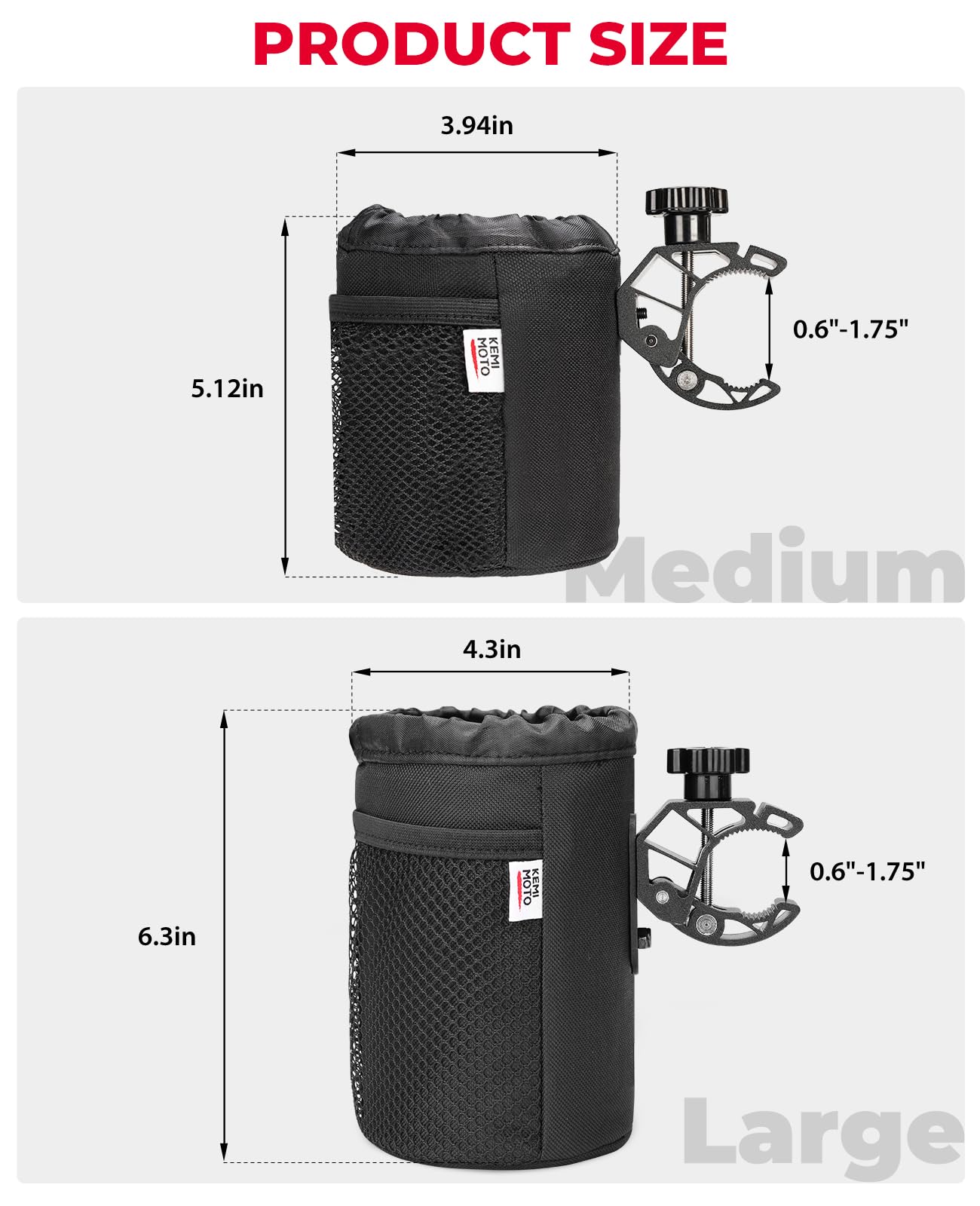 KEMIMOTO Motorcycle Cup Holder, Oxford Fabric Motorcycle Drink Holder with 0.6"-1.5" Alligator Clamp, Universal Water Bottle Cup Accessories for Bike, ATV/UTV, Scooter, Boat, Walker