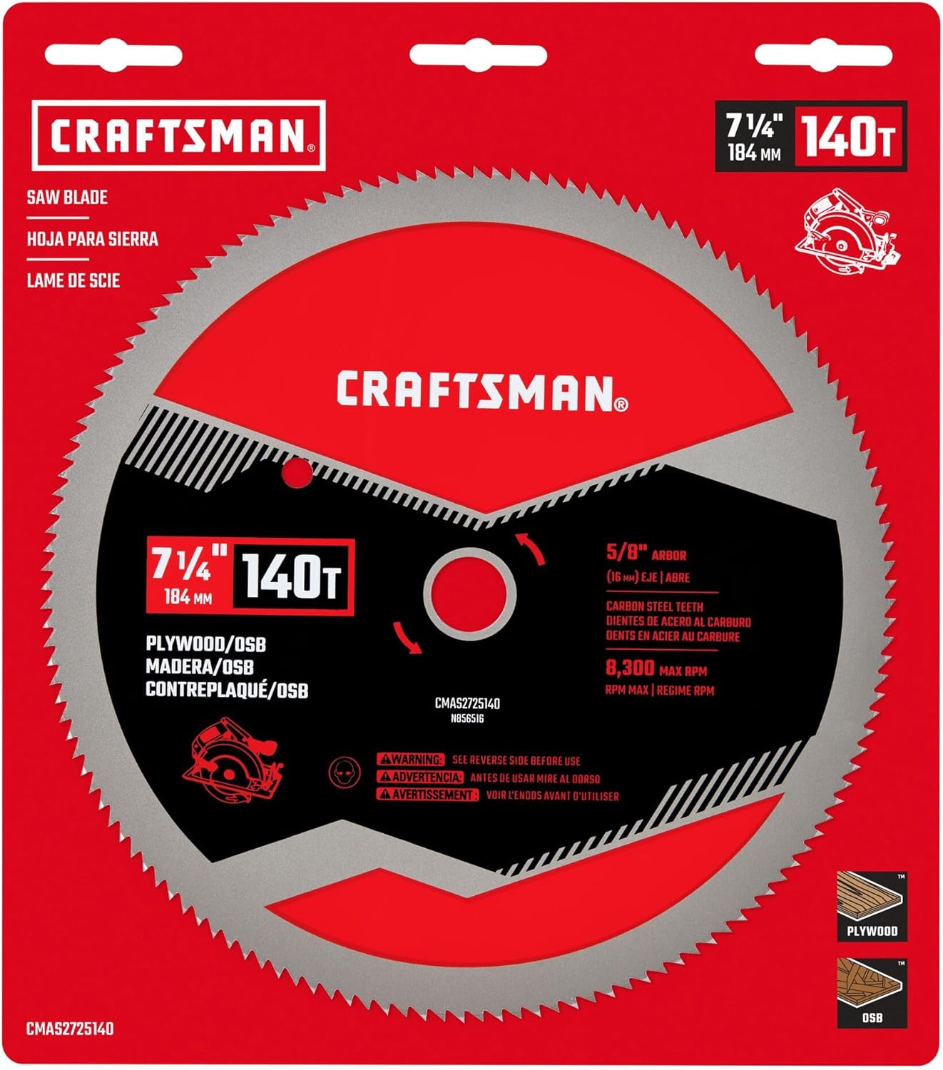 CRAFTSMAN 7-1/4 Inch 140 Tooth Fine Finish Carbon Circular Saw Blade for Plywood, OSB, and Plastic (CMAS2725140)