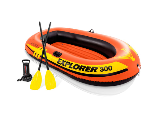 INTEX 58332EP Explorer 300 Inflatable Boat Set: Includes Deluxe Boat Oars and Mini Hand Pump – Dual Air Chambers – Grab Rope – 3-Person – 410lb Weight Capacity