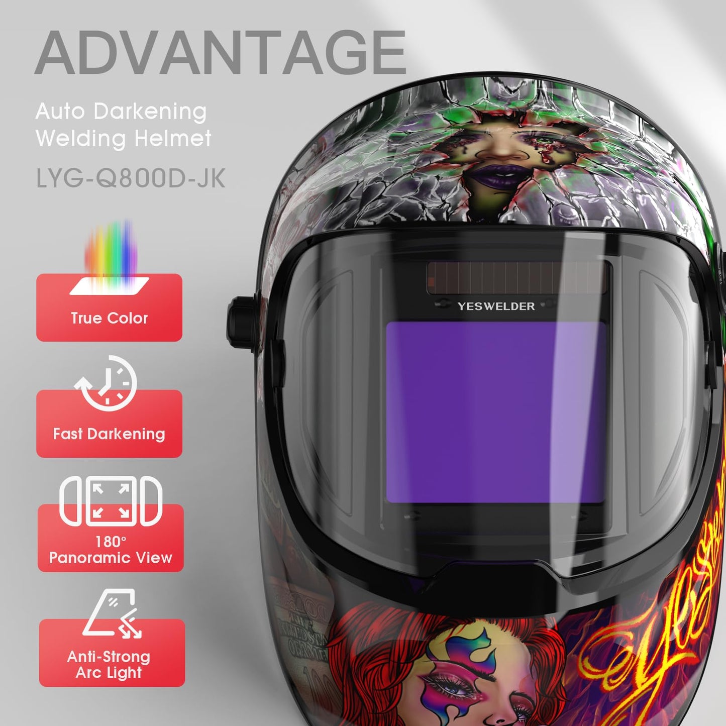 YESWELDER Large Viewing True Color Solar Powered Auto Darkening Welding Helmet with SIDE VIEW, 4 Arc Sensor Wide Shade 4/5-9/9-13 Welder Mask for TIG MIG ARC Grinding Plasma LYG-Q800D