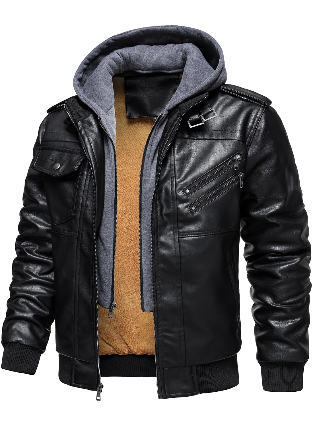 HOOD CREW Men’s Casual Stand Collar PU Faux Leather Zip-Up Motorcycle Bomber Jacket With a Removable Hood