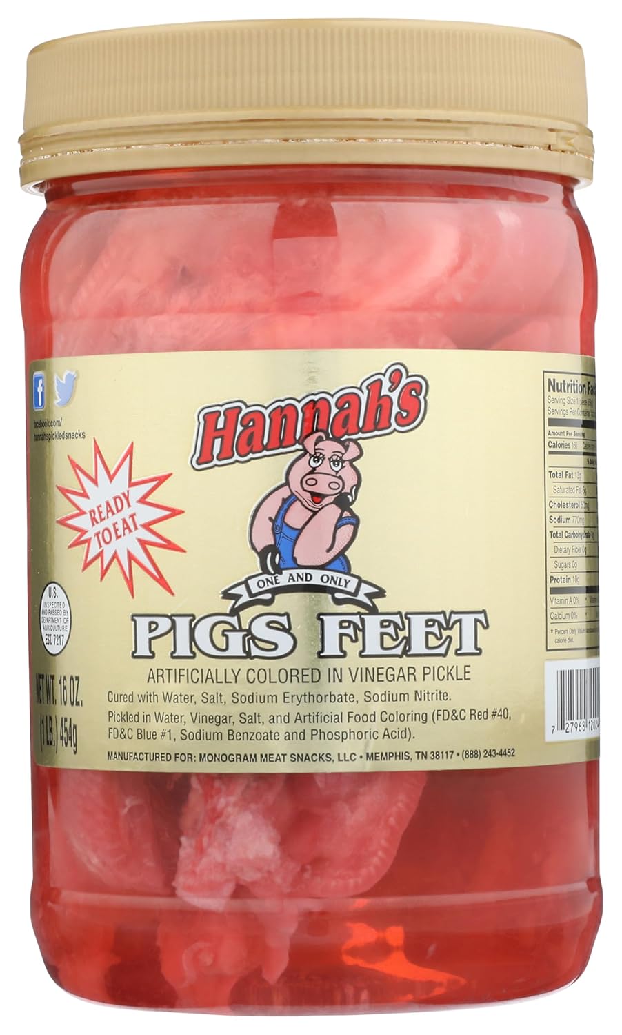 Hannah's Ready To Eat Pickled Pigs Feet 16 oz. Jar