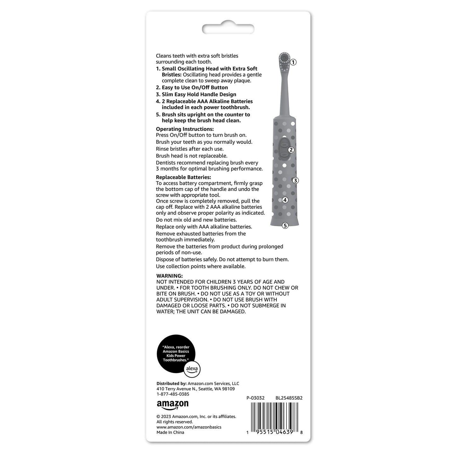 Amazon Basics Kids Electric Toothbrush, Battery Powered, Soft Bristles, Oscillating Brush Head, Ages 4+, 2 Count, 1-Pack (Previously Solimo)