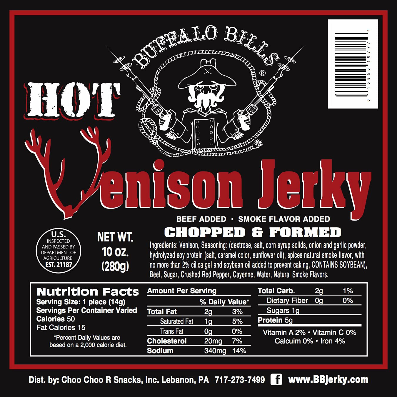 Buffalo Bills Venison Jerky Strips 10oz Pack (20 venison jerky 7" strips per bag)