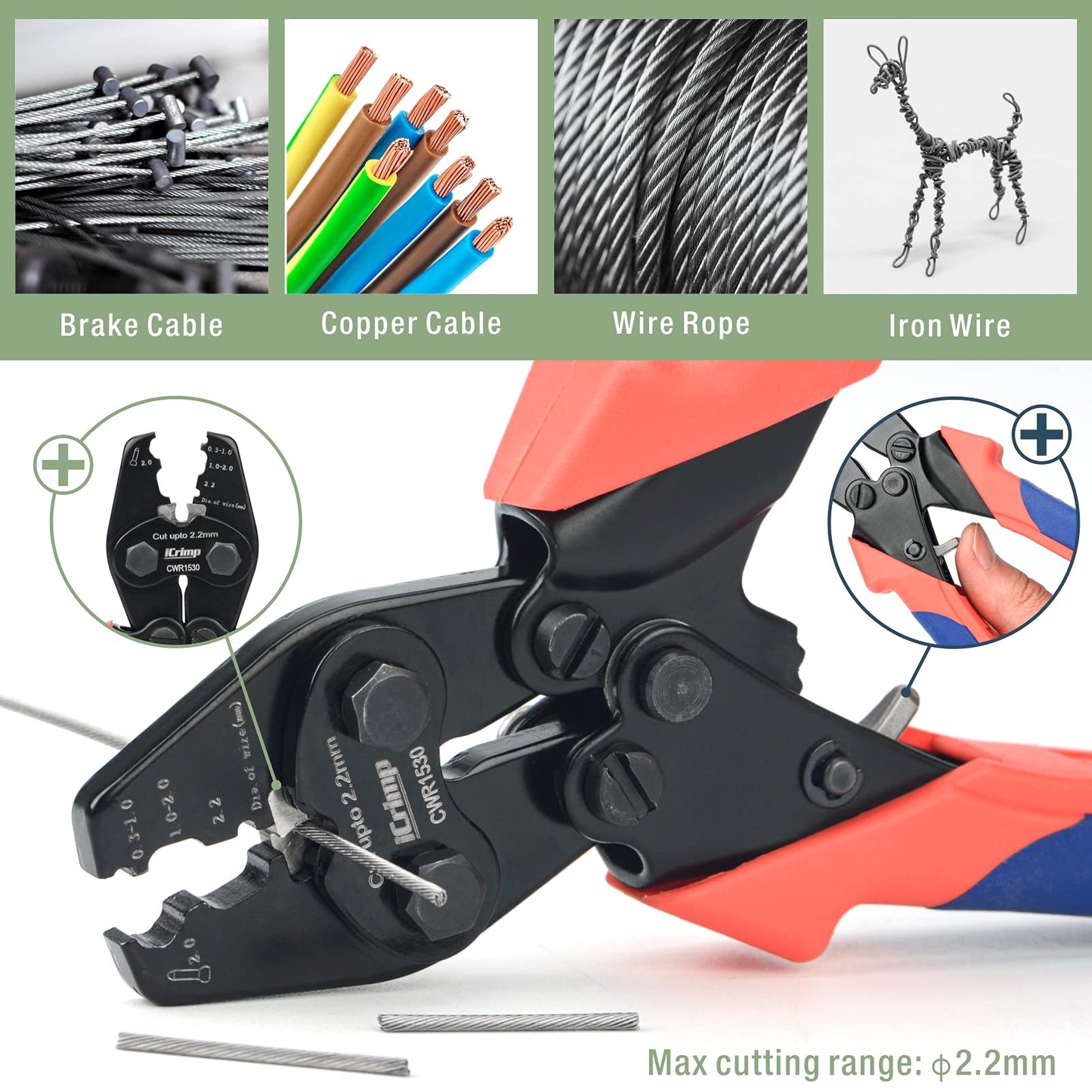 iCrimp CWR1522 Wire Rope Crimping Tool with Cutting function for Cable Railing, Hand Swaging 0.1~2.2mm Aluminum Oval Sleeves,Alloy Double Sleeves (CWR1522)