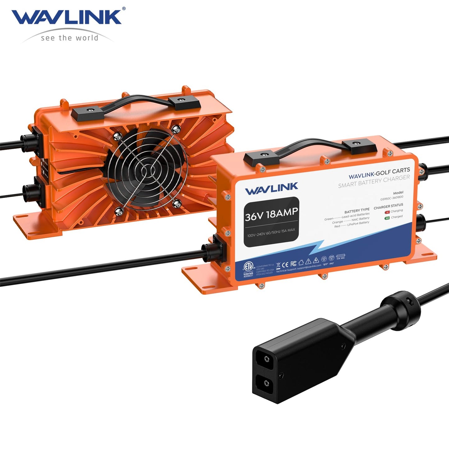 WAVLINK Golf Cart Battery Charger, 36V 18AMP, 738W Output, IP67 Waterproof, LiFePO4/NMC/Lead-Acid Compatible (D Plug for TXT/EZGO)