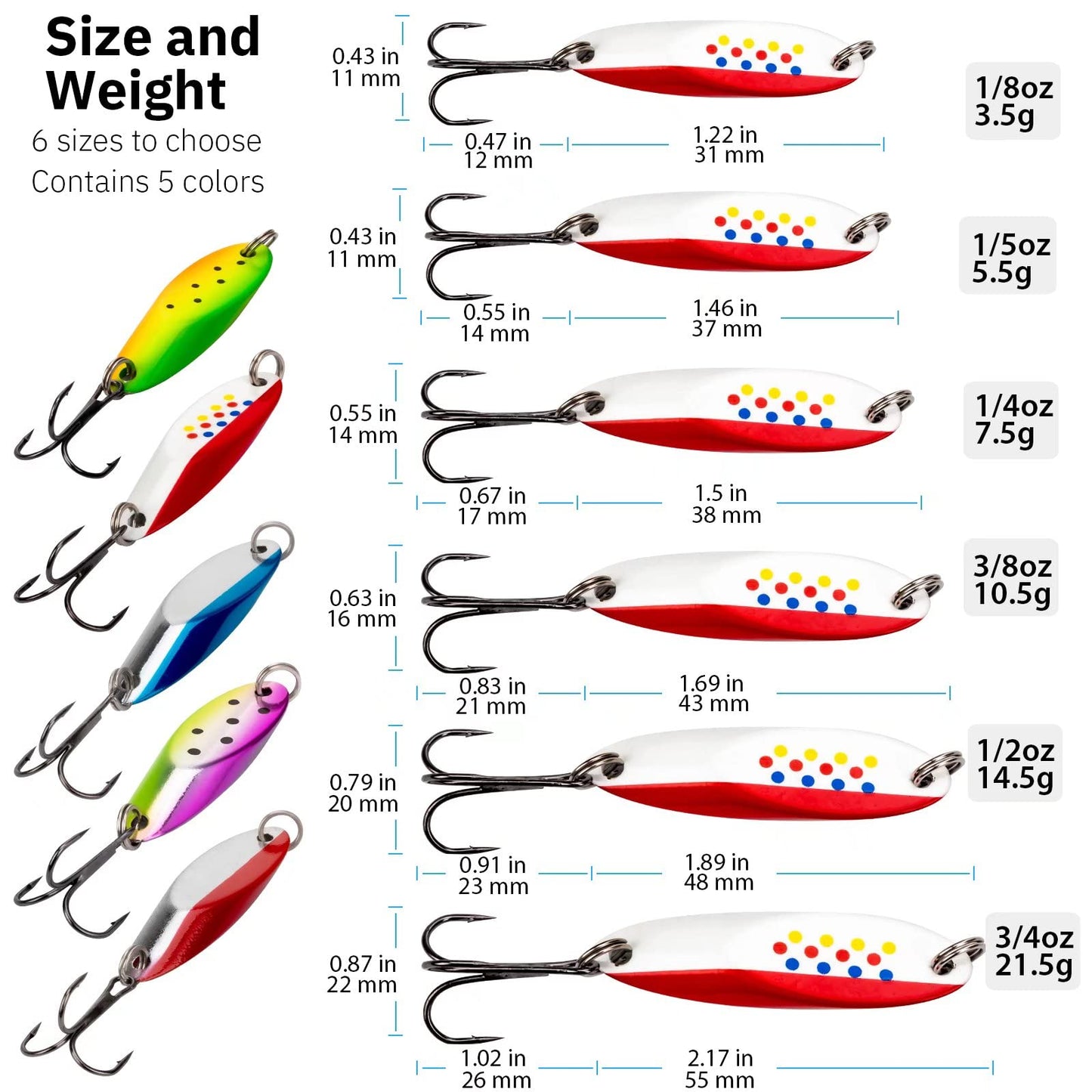 THKFISH Fishing Lures Trout Lures Fishing Spoons Lures for Trout Pike Bass Crappie Walleye 1/8oz 1/5oz 1/4oz 3/8oz 1/2oz 3/4oz 5pcs