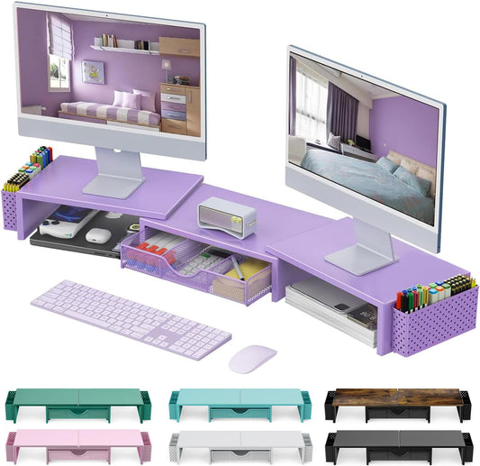 gianotter Dual Monitor Stand Riser, Desk Organizer With Drawer and 2 Pen Holders, Desk Organizers and Accessories, Purple Office Decor (Purple)
