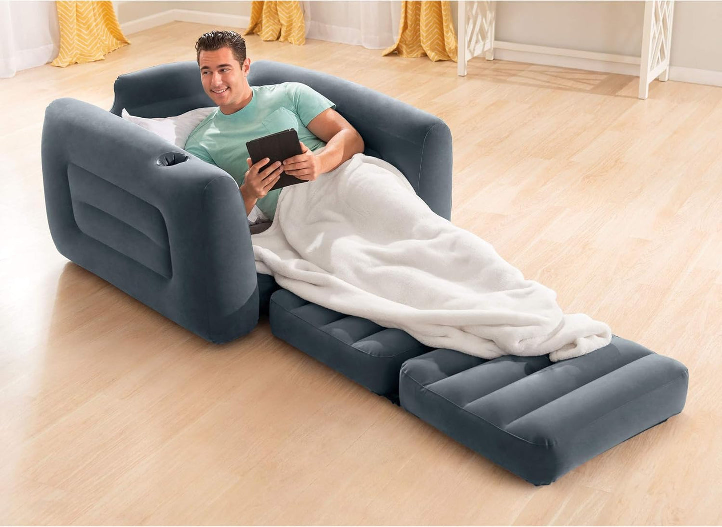 Intex Inflatable Furniture Set with Queen Sized Pull-Out Sofa Bed and 2 Sofa Sleepers, Gray - Air Mattress, Portable Couch, Lounge Chairs, Guest Beds