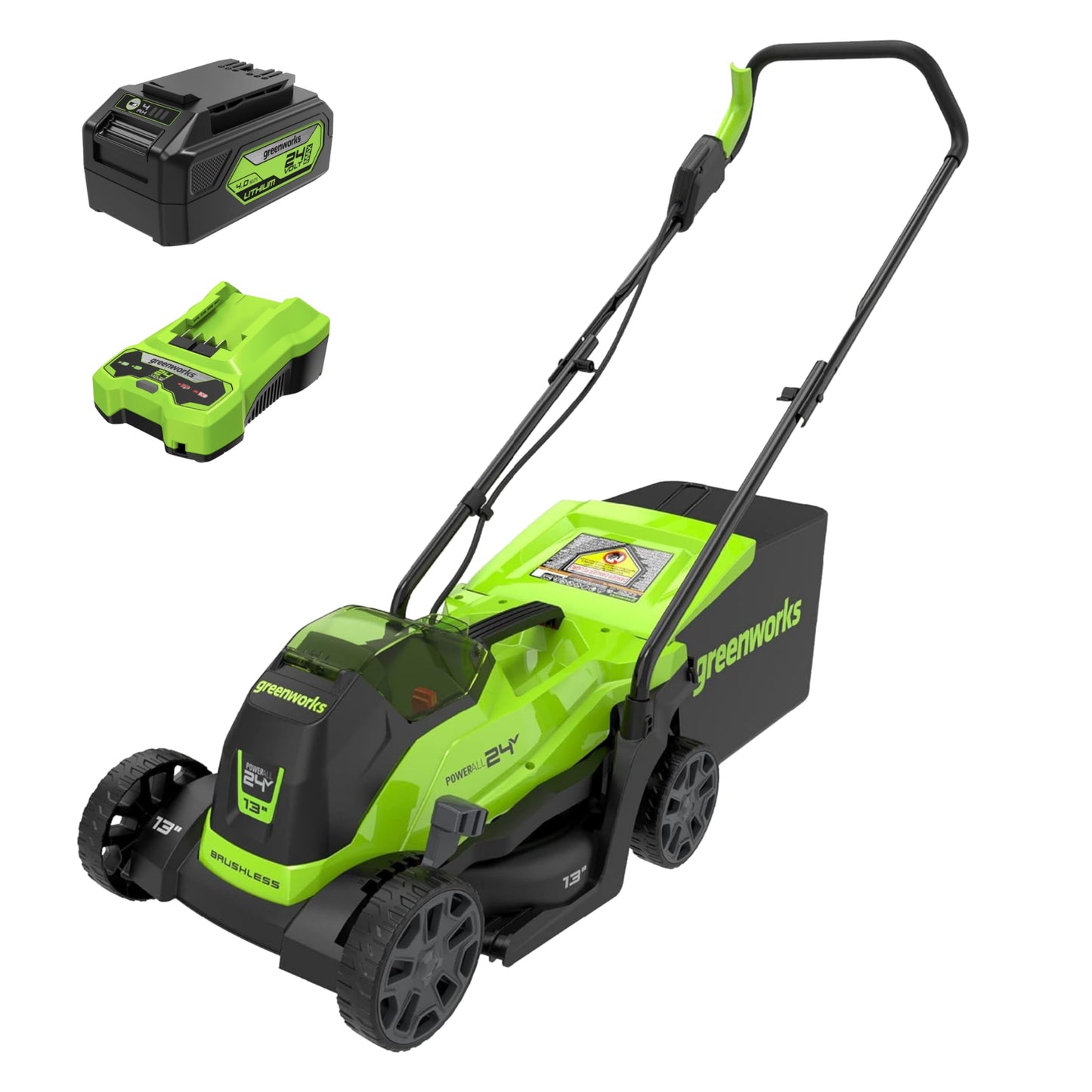 Greenworks 24V 13“ Brushless Cordless Lawn Mower with 4.0Ah Battery & Charger,Maintenance-Free Push Mower with 2-in-1 Mulch/Bag