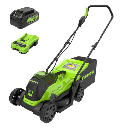 Greenworks 24V 13“ Brushless Cordless Lawn Mower with 4.0Ah Battery & Charger,Maintenance-Free Push Mower with 2-in-1 Mulch/Bag